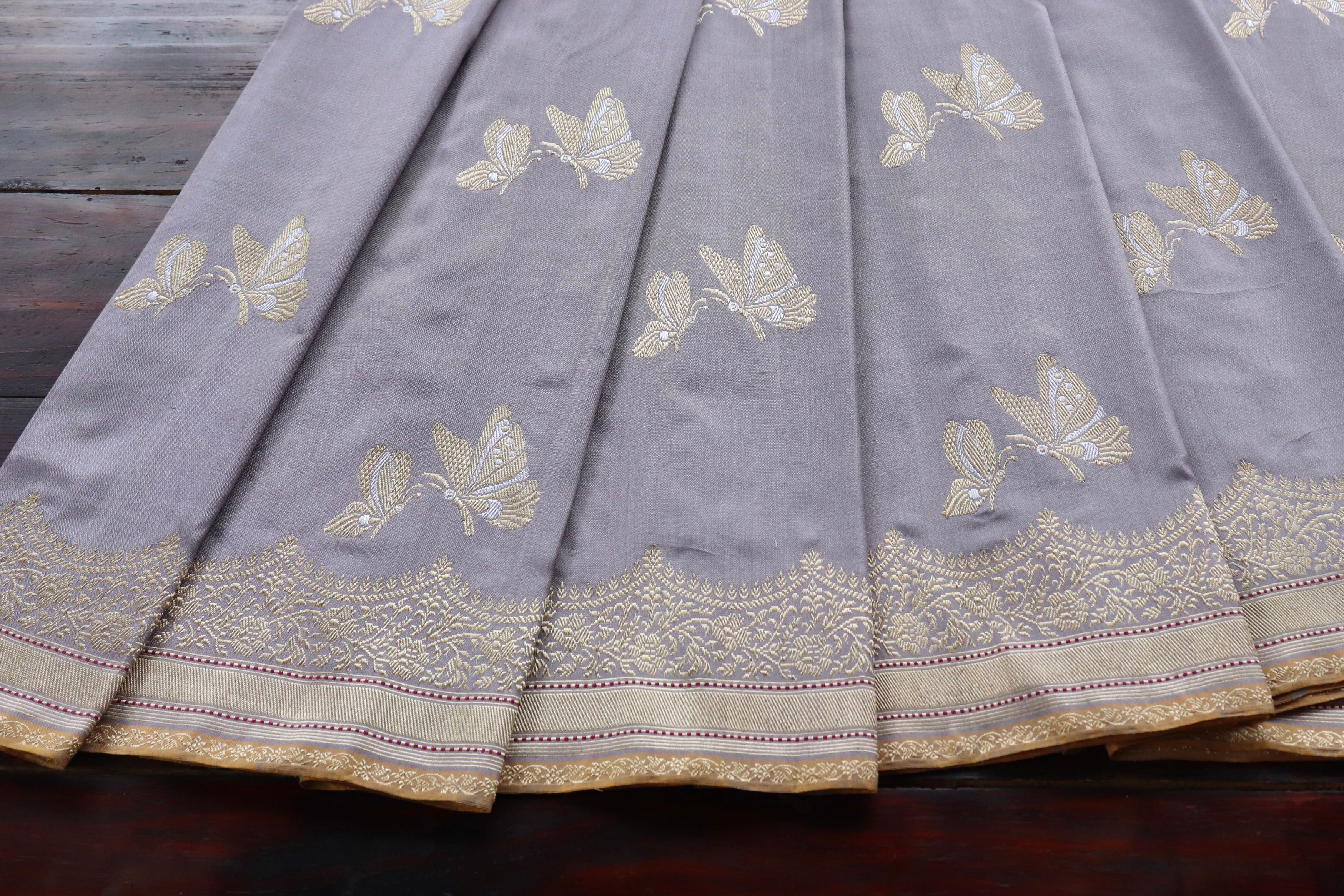 Silver Grey Butterfly Motif Pure Silk Handloom Banarasi Saree