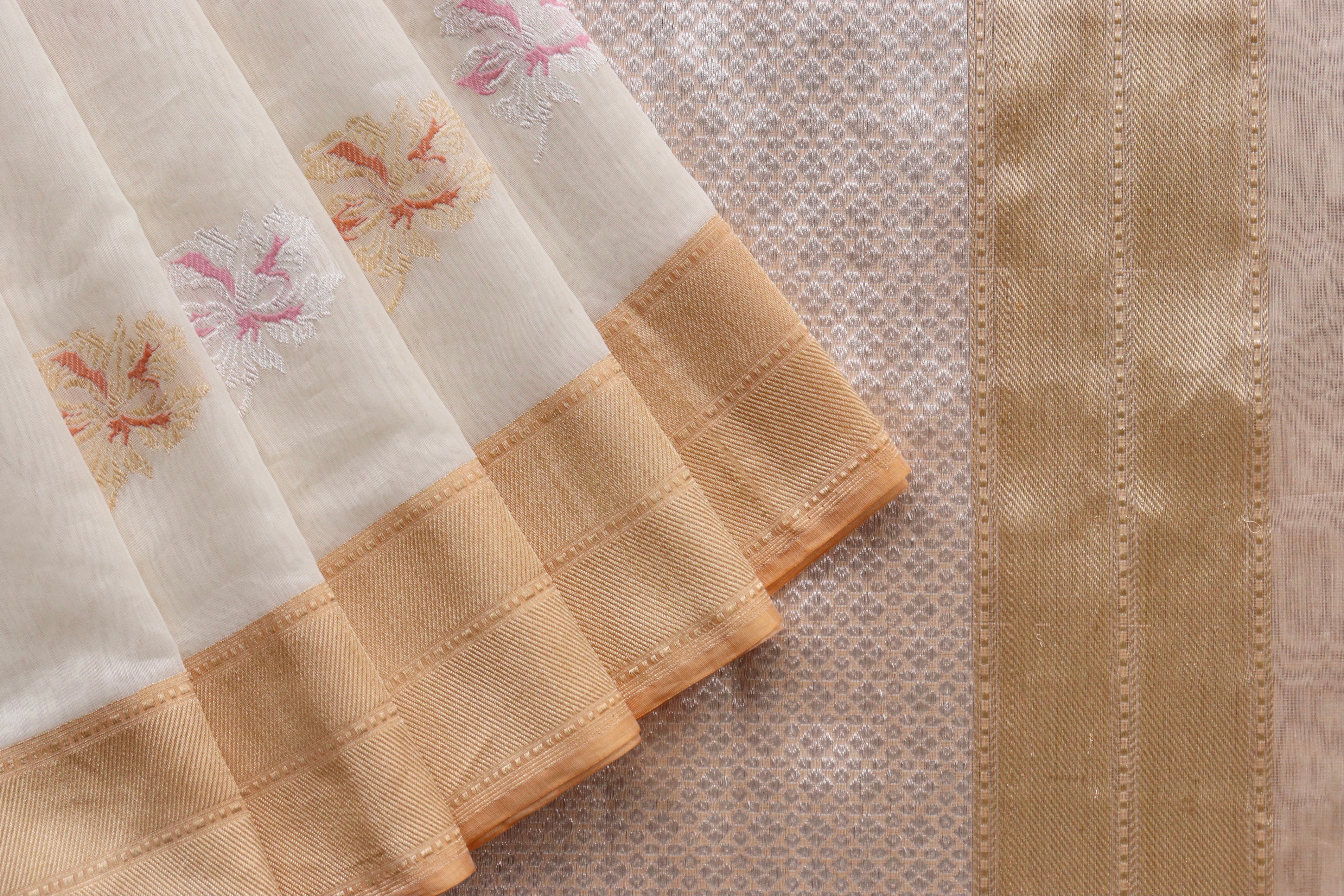 White Kadhua Organza By Cotton Handloom Banarasi Saree