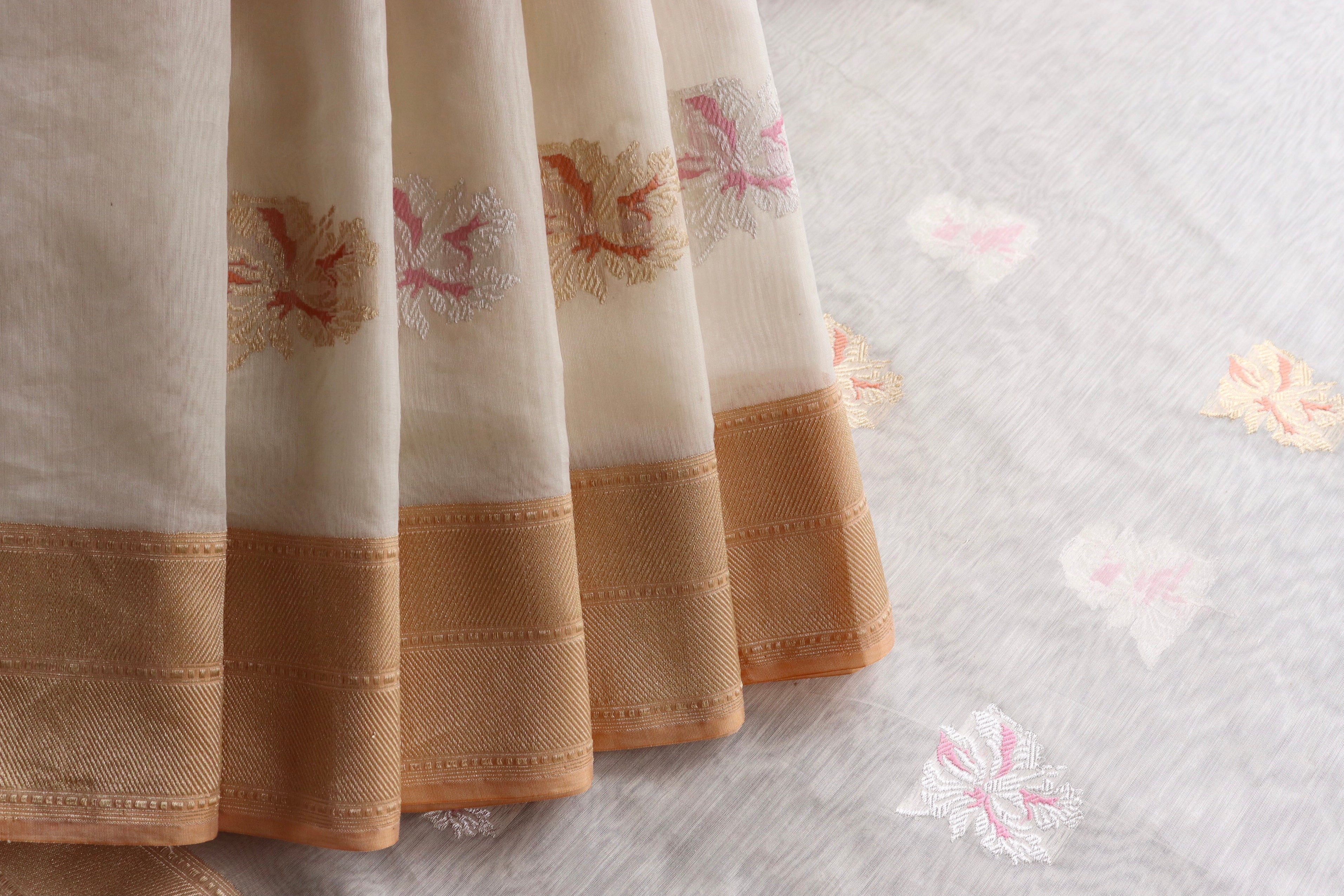 White Kadhua Organza By Cotton Handloom Banarasi Saree