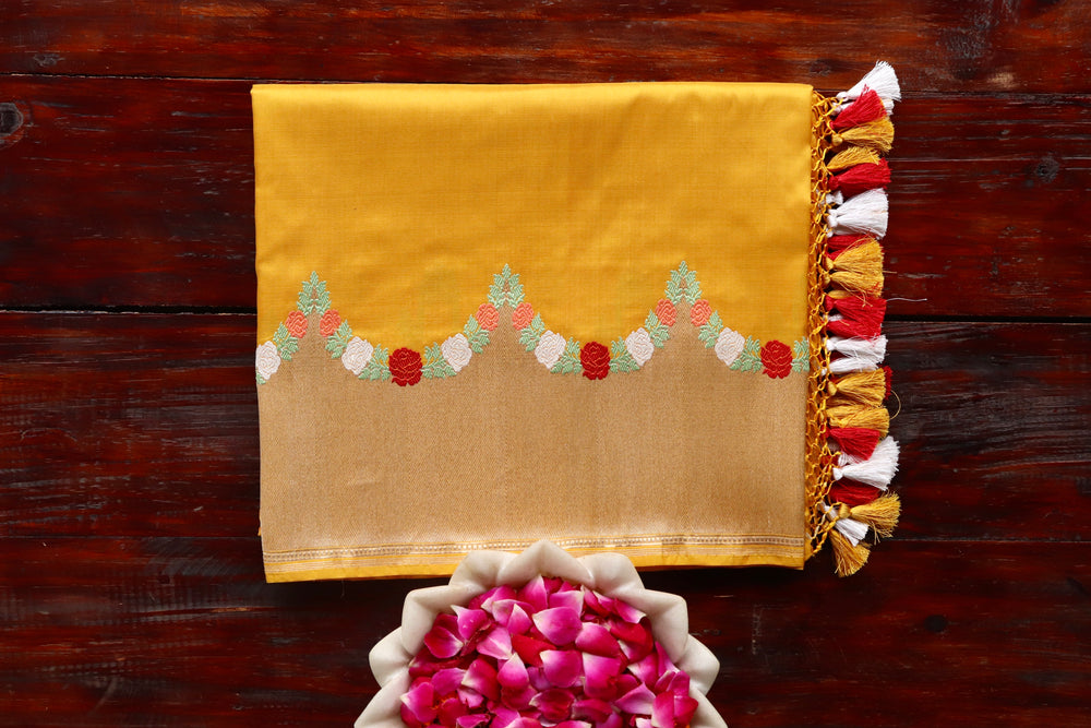Yellow Floral Border Pure Silk Banarasi Saree | Stuti Weaves