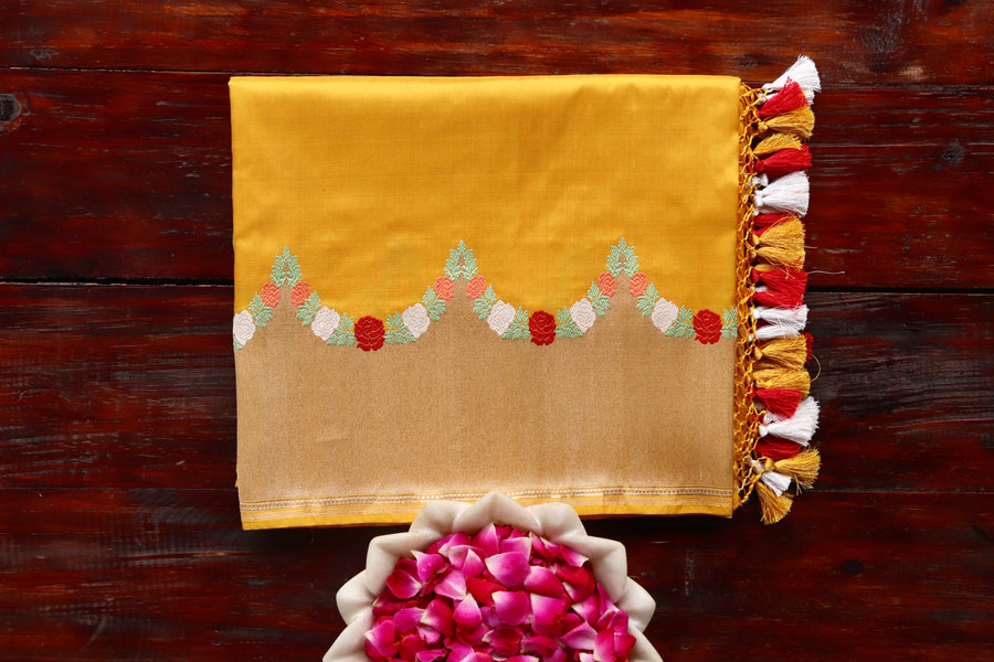 Yellow Floral Border Pure Silk Banarasi Saree | Stuti Weaves