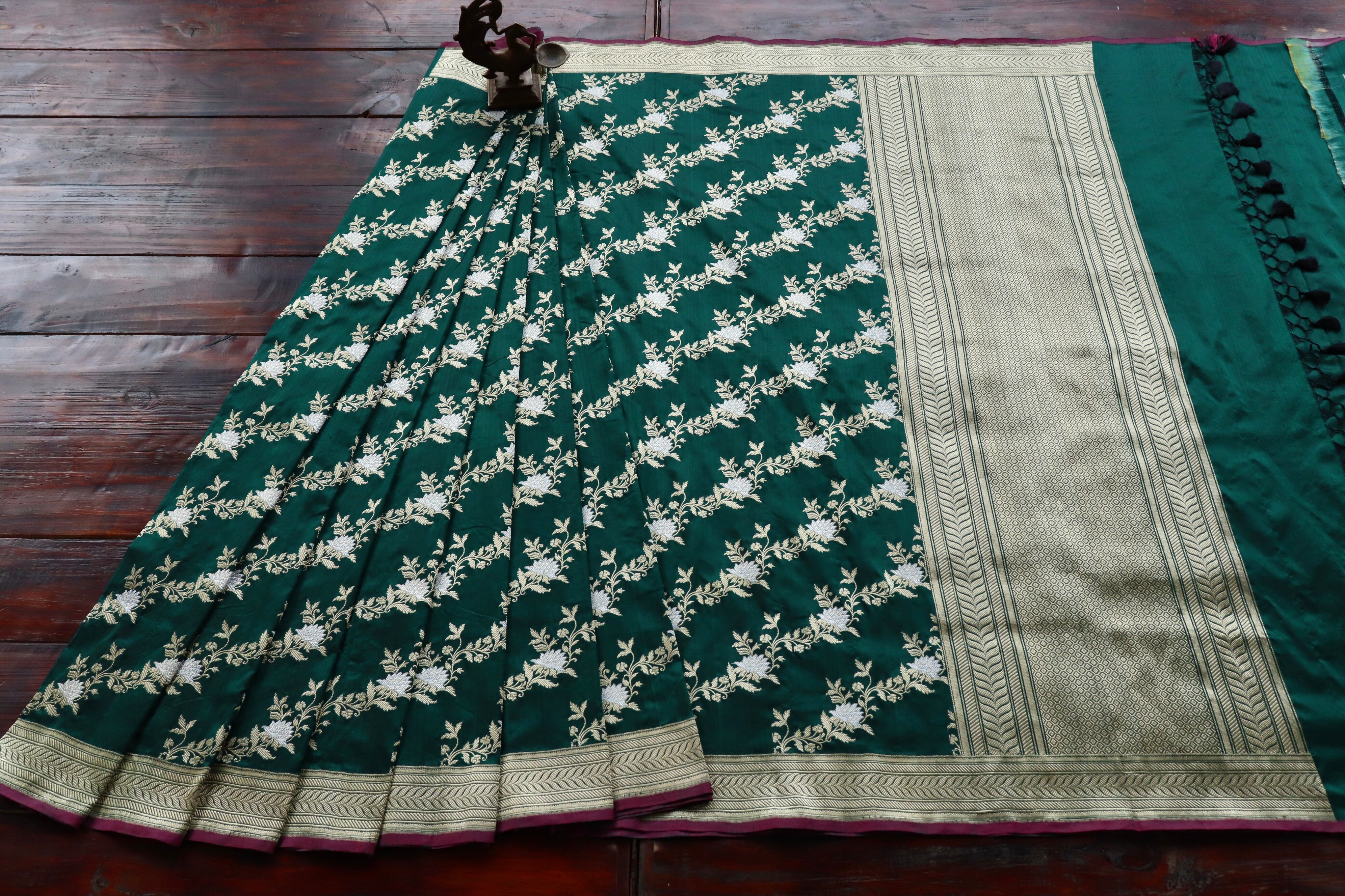 Forest Green Jamal Jangla Pure Silk Handloom Banarasi Saree