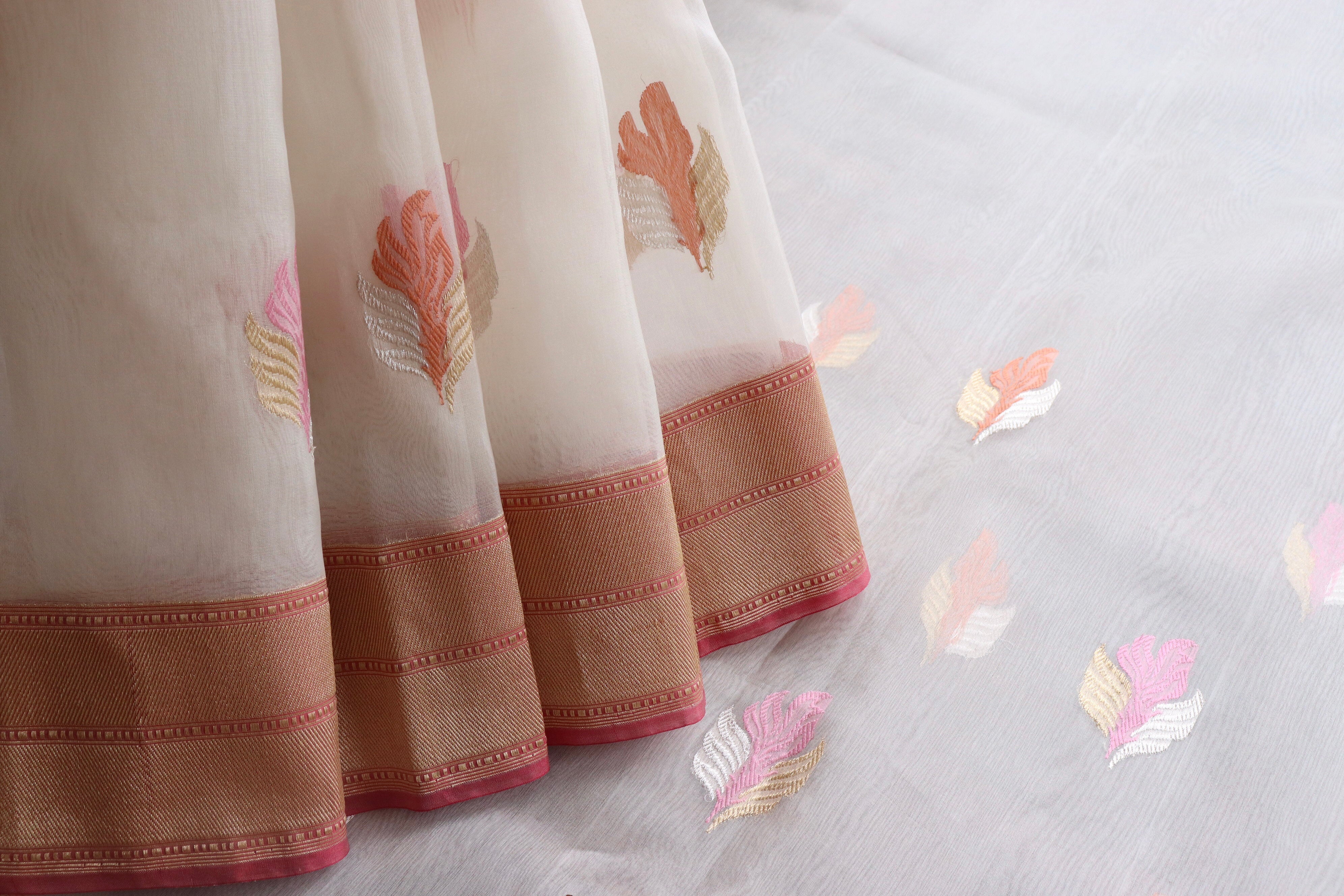 White Kadhua Organza Handloom Banarasi Saree