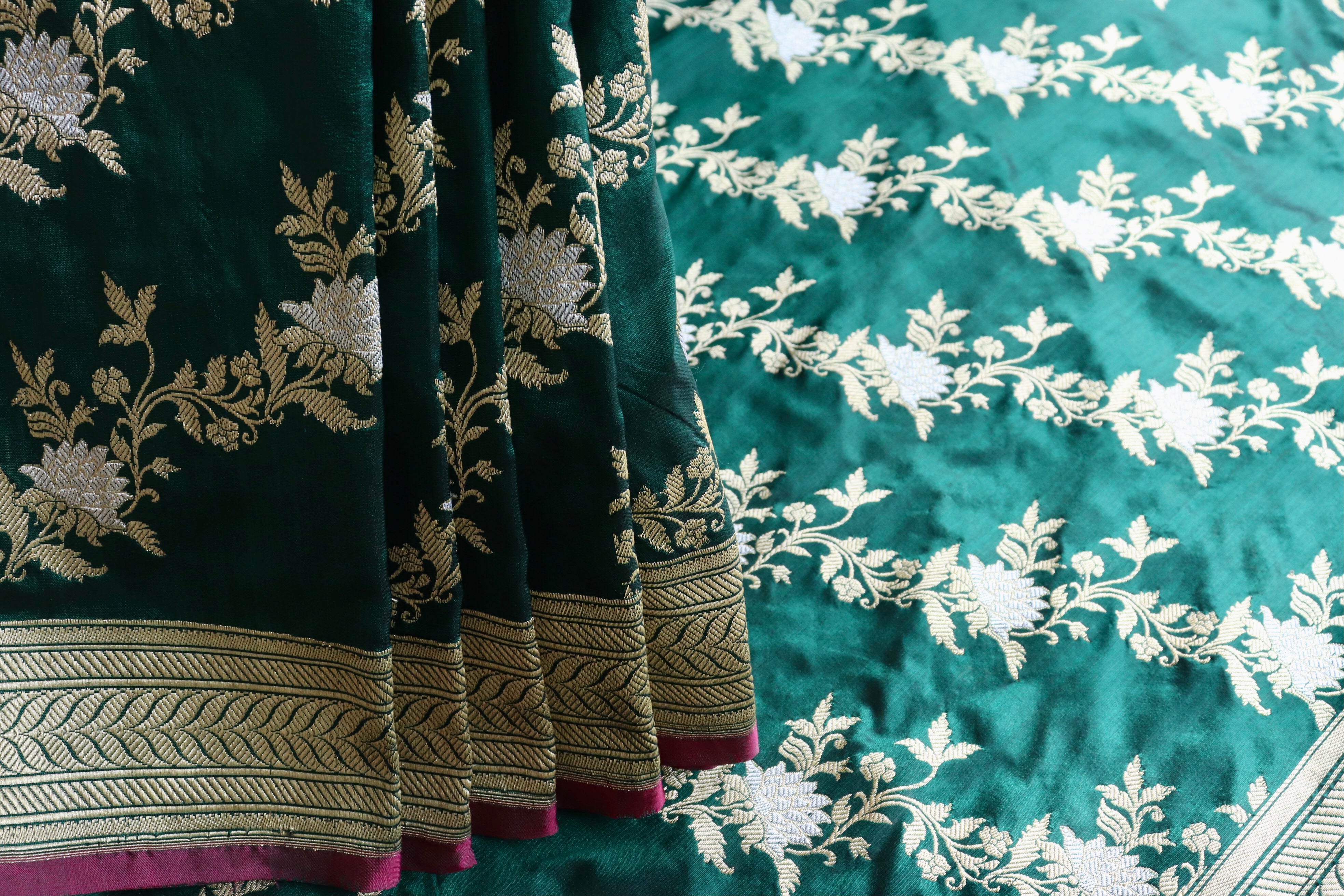 Forest Green Jamal Jangla Pure Silk Handloom Banarasi Saree