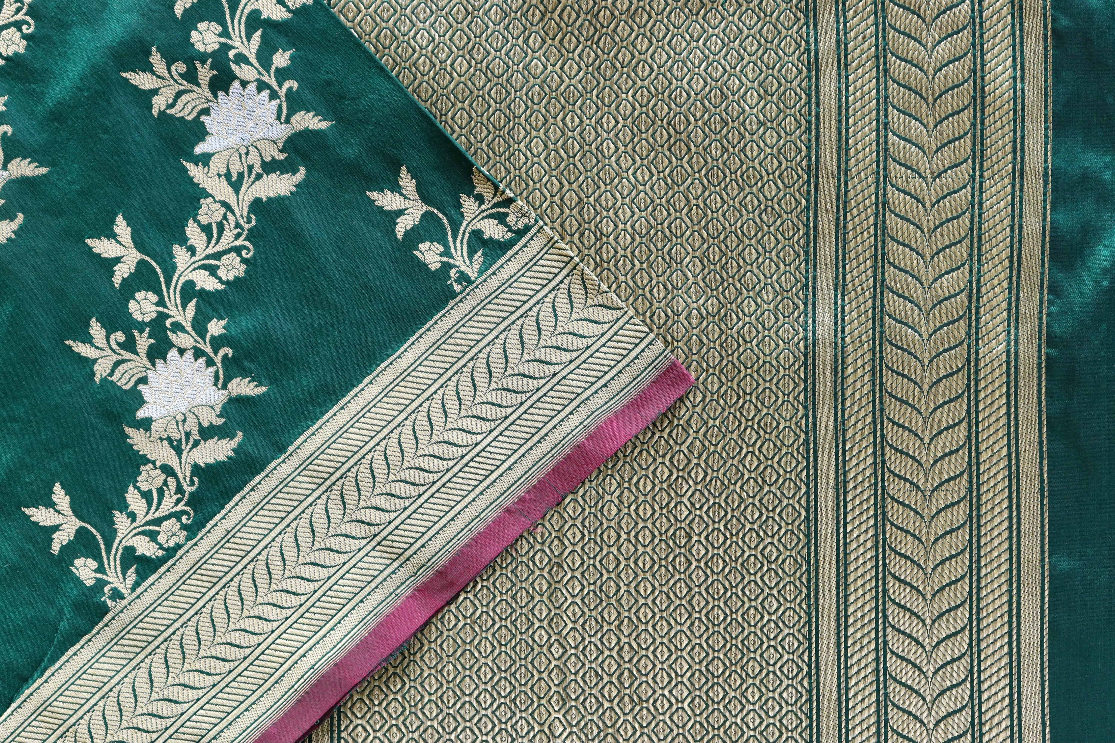 Forest Green Jamal Jangla Pure Silk Handloom Banarasi Saree