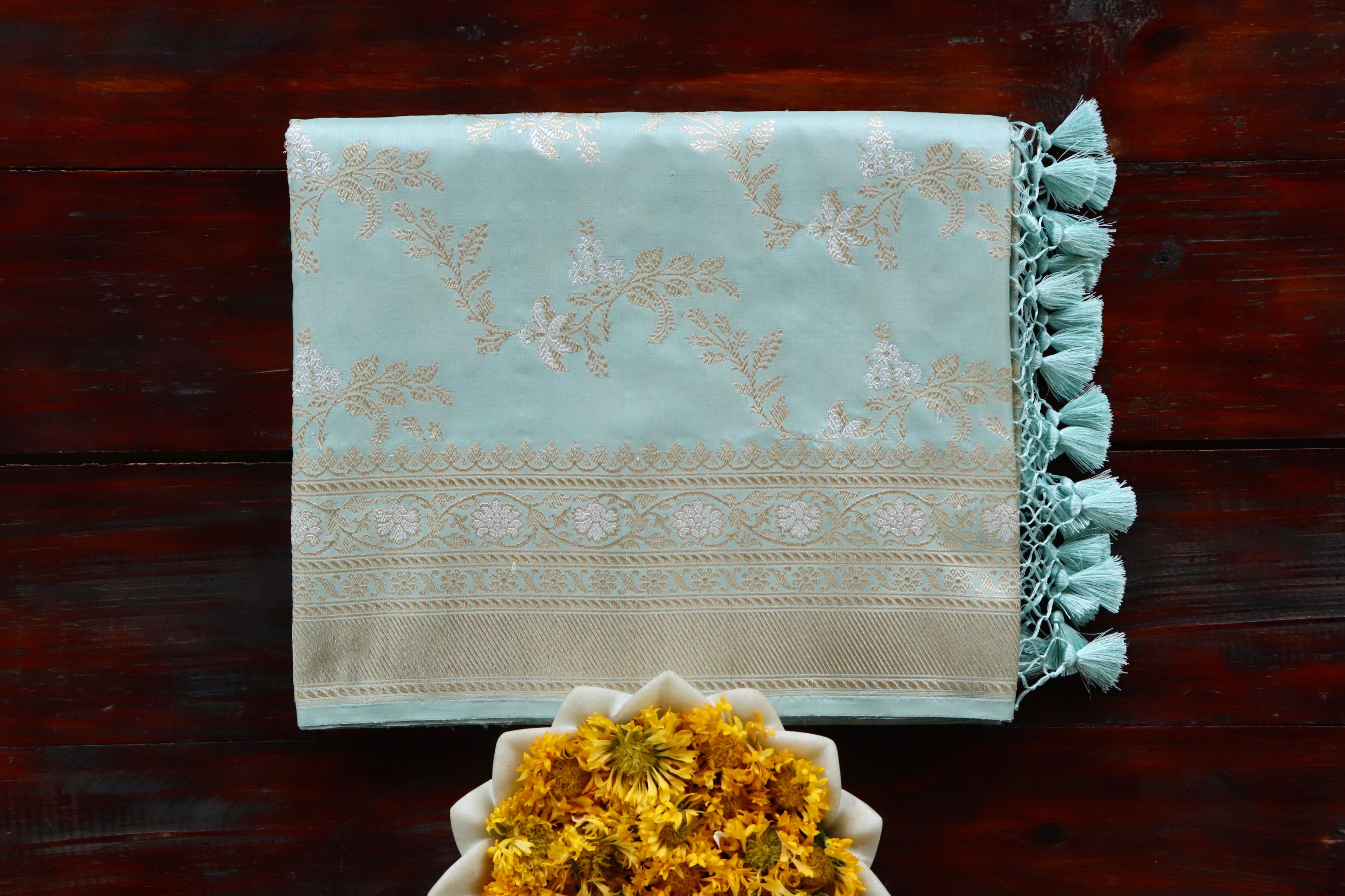 Sky Blue Kadhua Phool Jangla Katan Silk Saree