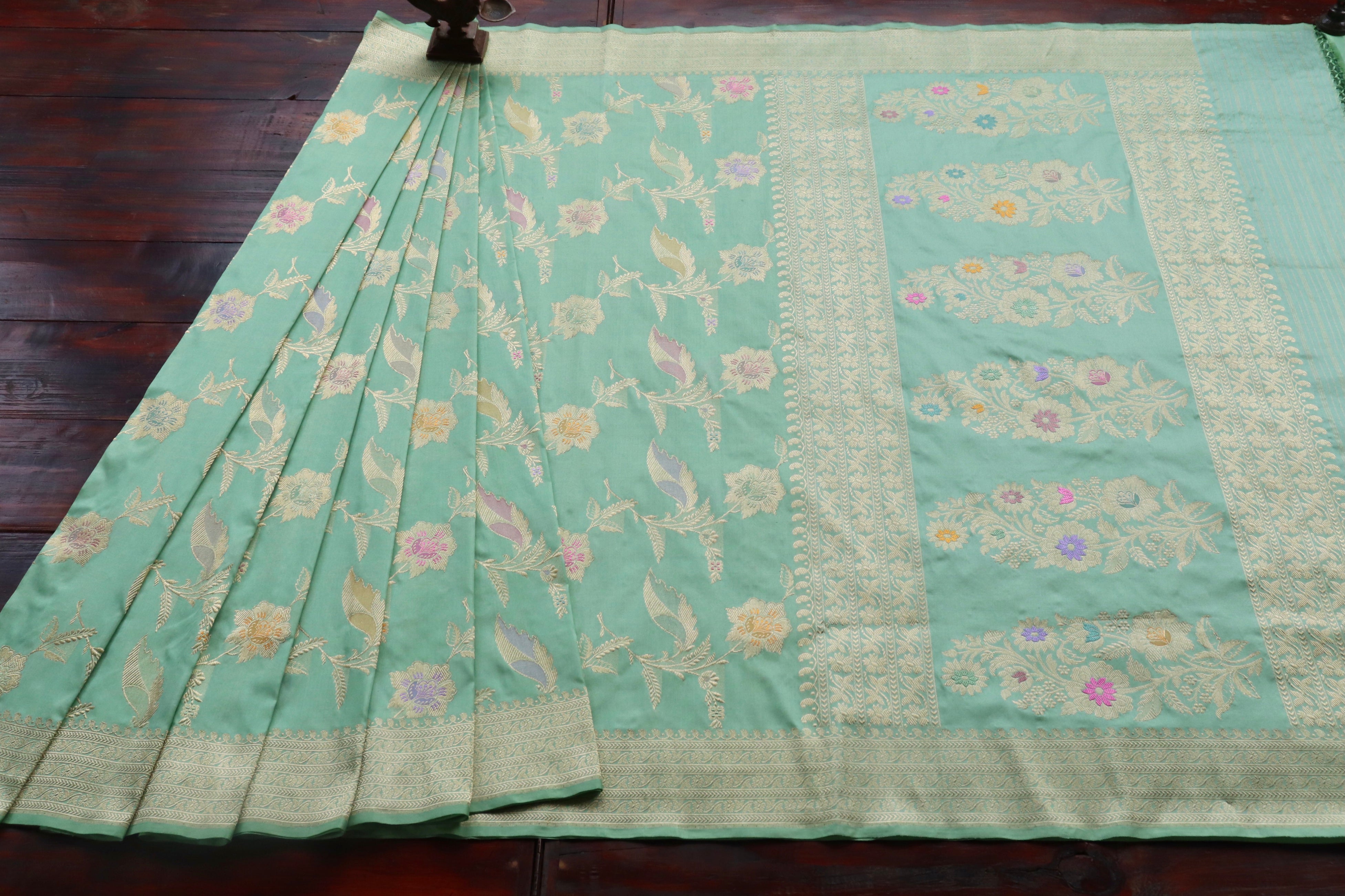 Lime Green Meenadar Pure Silk Handloom Banarasi Jangla Saree