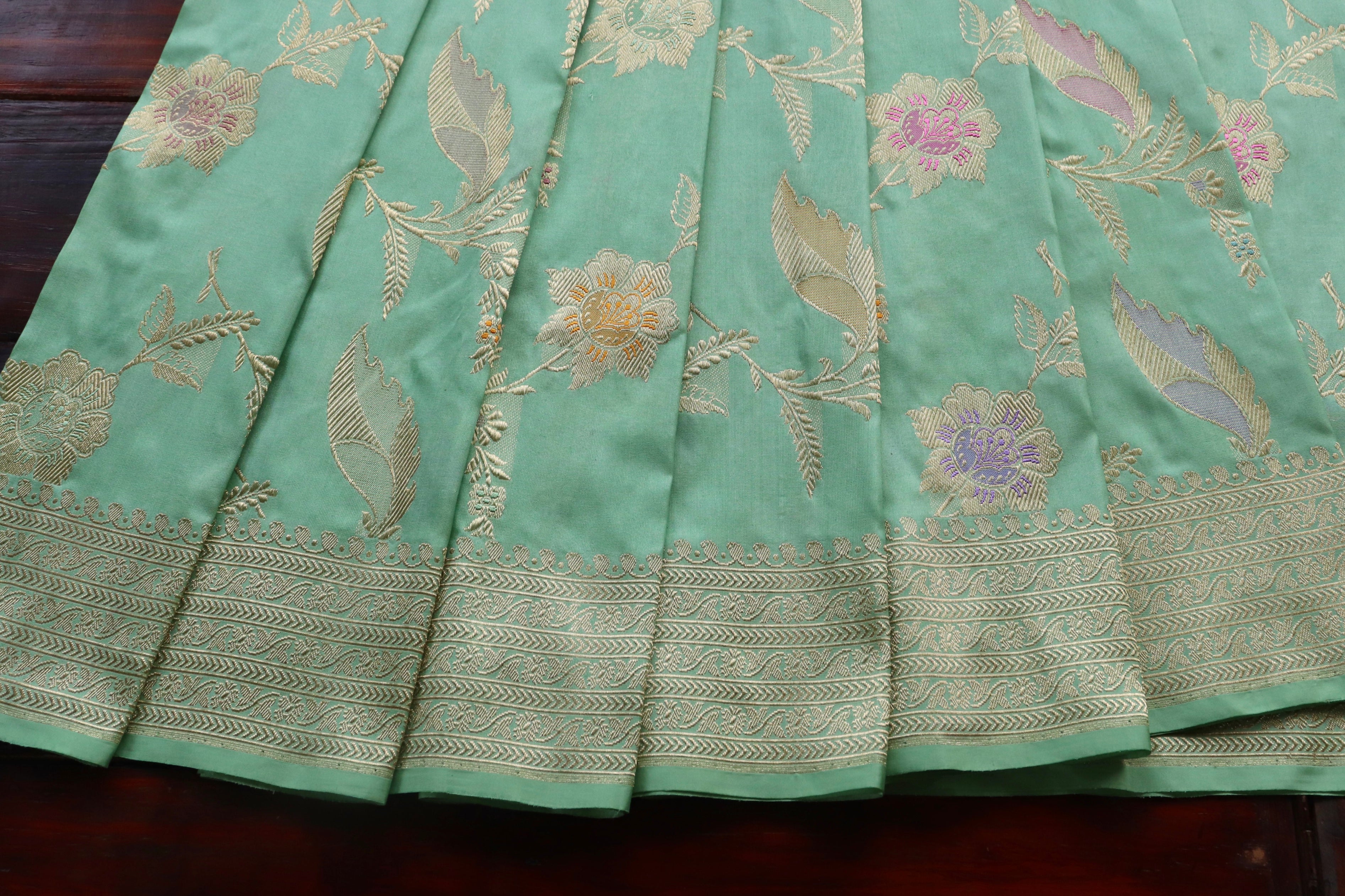 Lime Green Meenadar Pure Silk Handloom Banarasi Jangla Saree