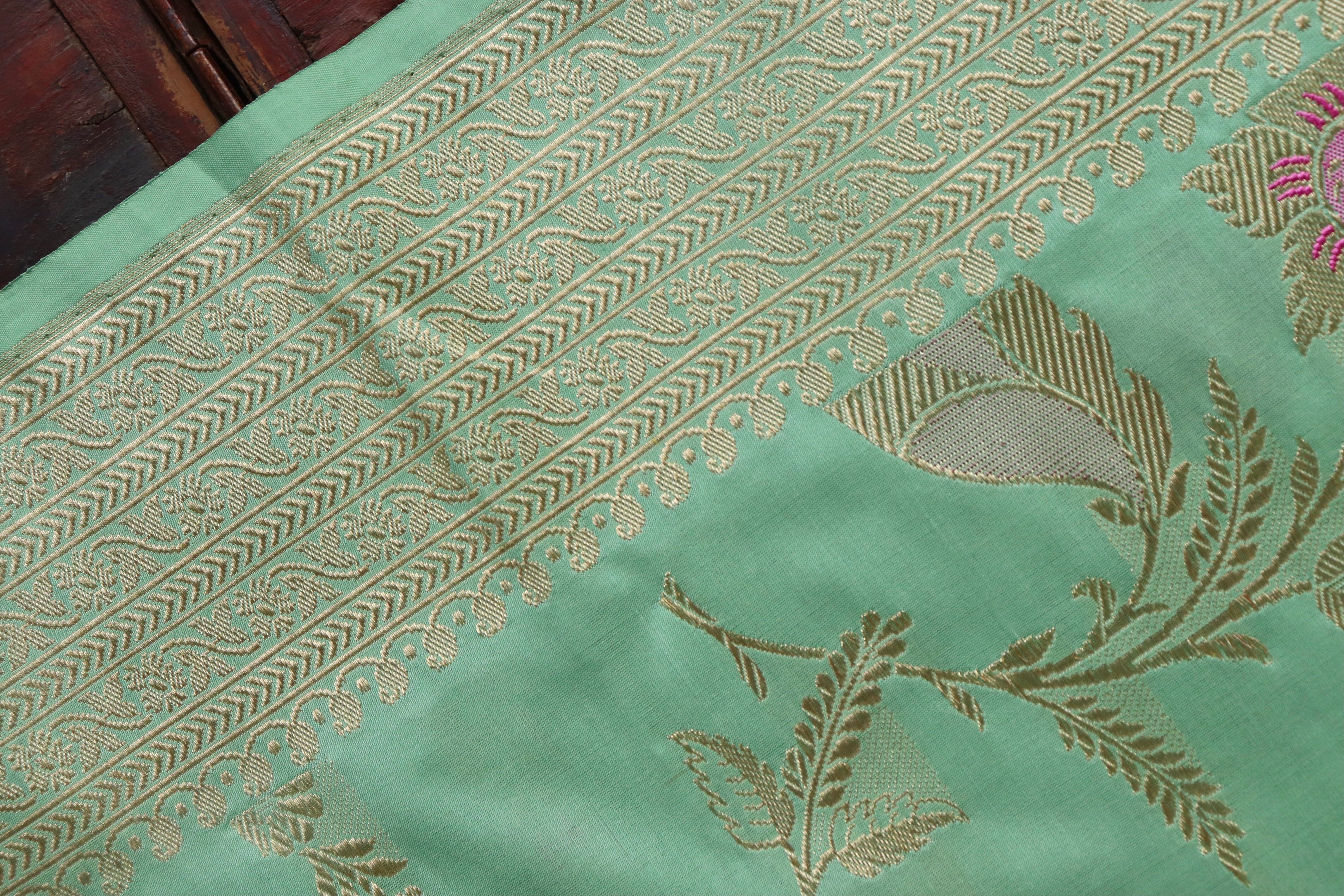 Lime Green Meenadar Pure Silk Handloom Banarasi Jangla Saree