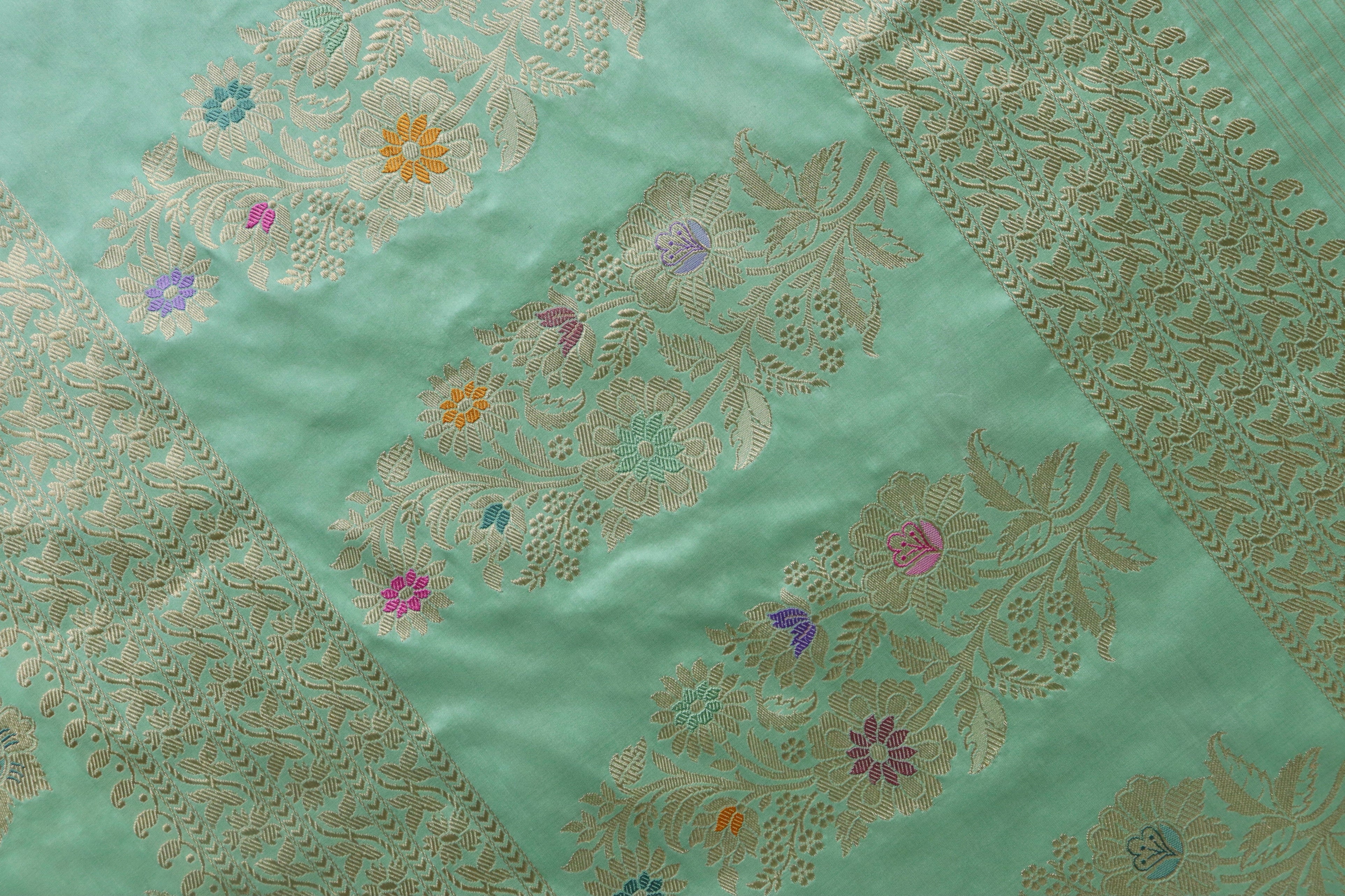 Lime Green Meenadar Pure Silk Handloom Banarasi Jangla Saree