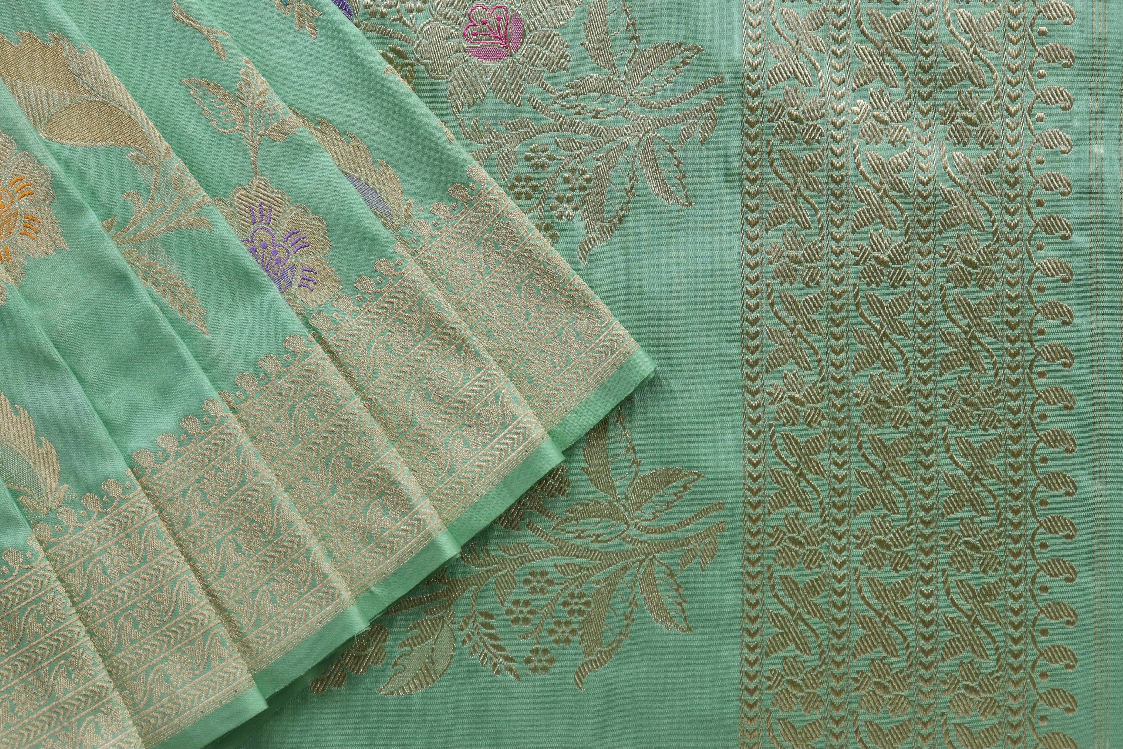 Lime Green Meenadar Pure Silk Handloom Banarasi Jangla Saree