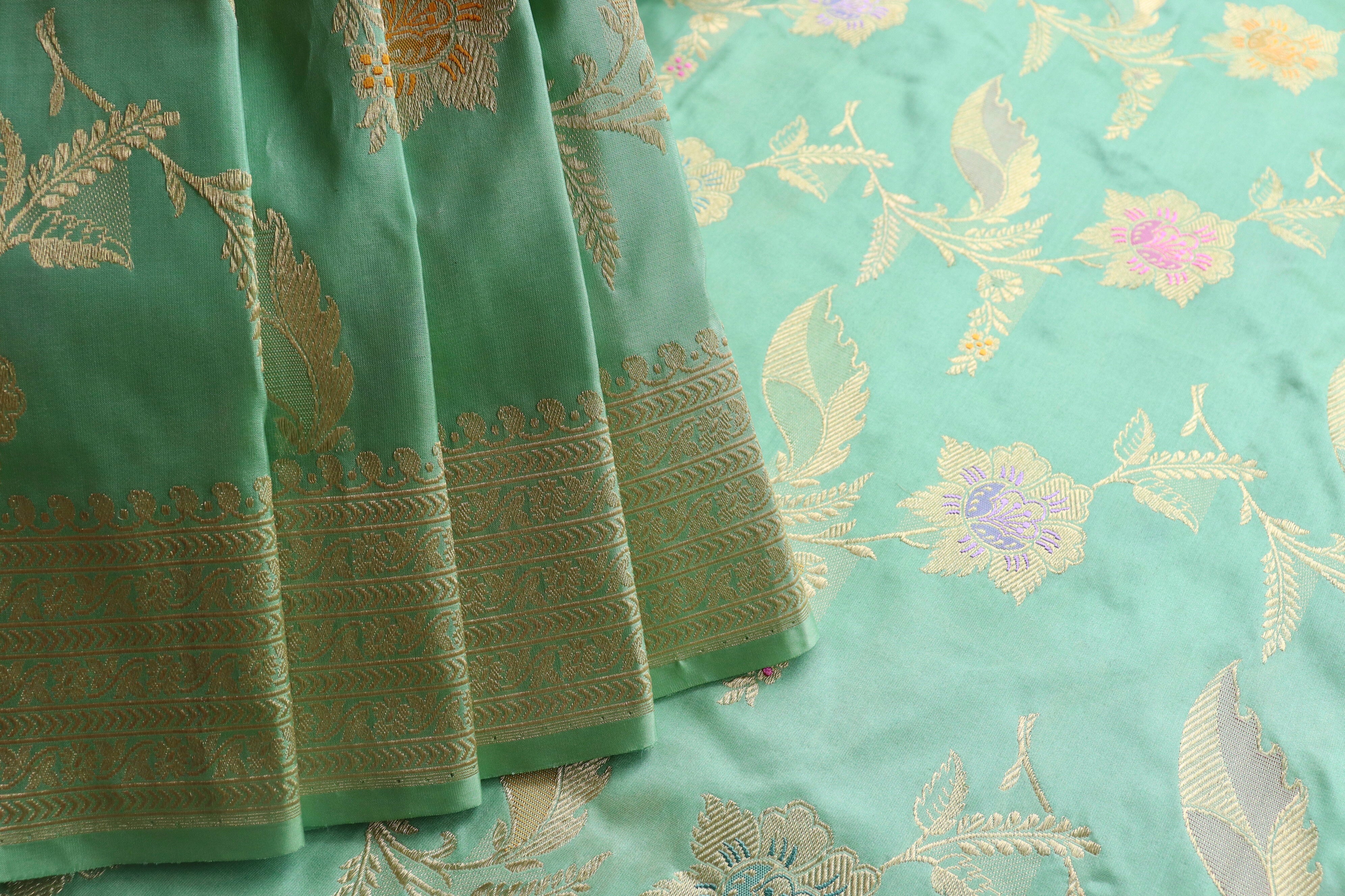 Lime Green Meenadar Pure Silk Handloom Banarasi Jangla Saree