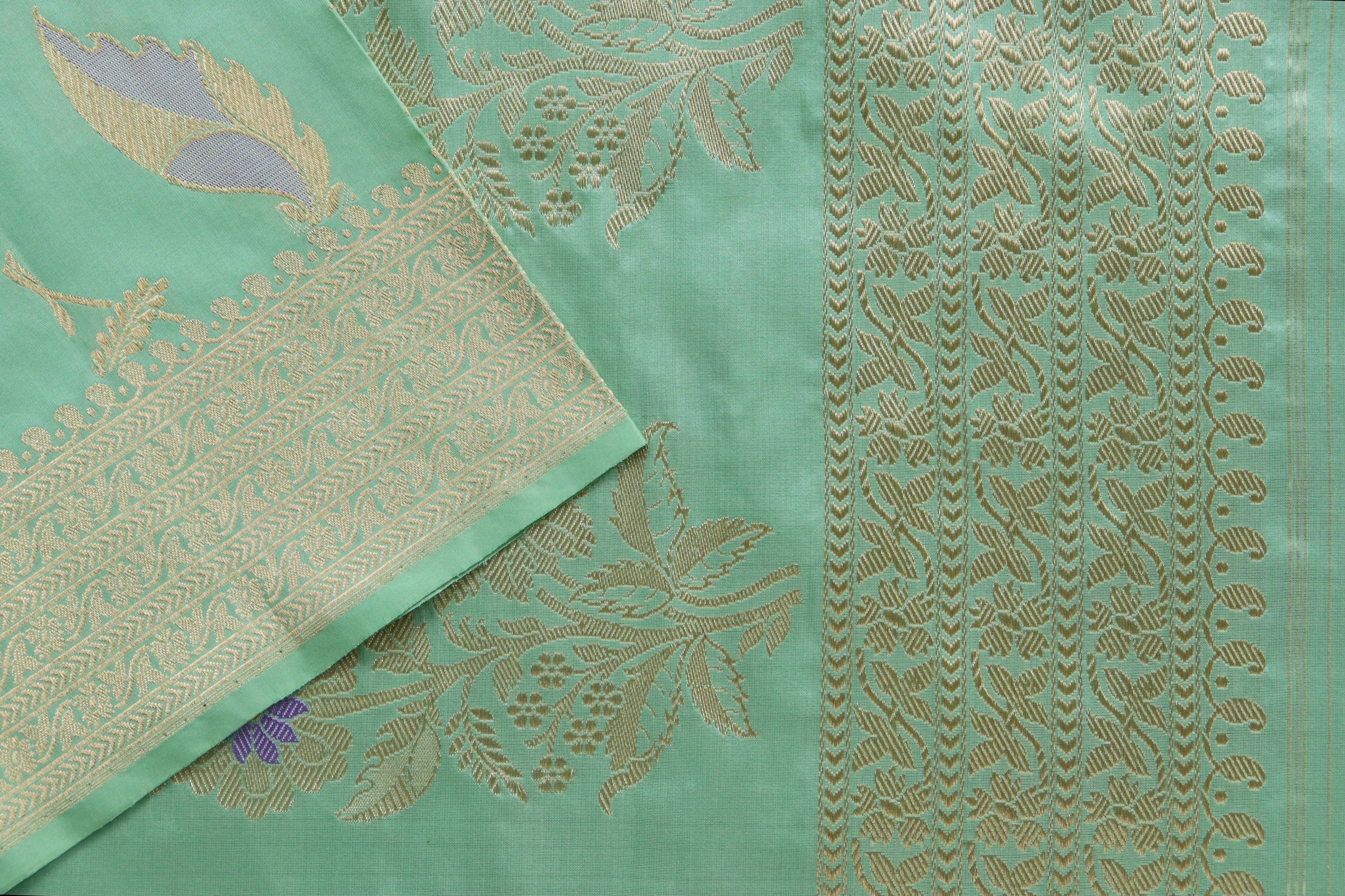 Lime Green Meenadar Pure Silk Handloom Banarasi Jangla Saree