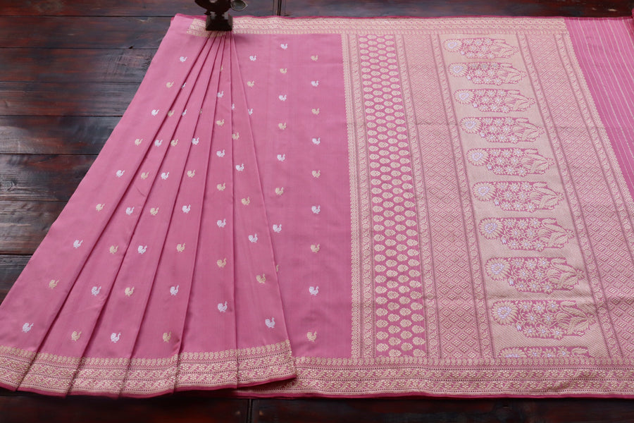 Rose Pink Peacock Motif Pure Silk Banarasi Saree | Stuti Weaves
