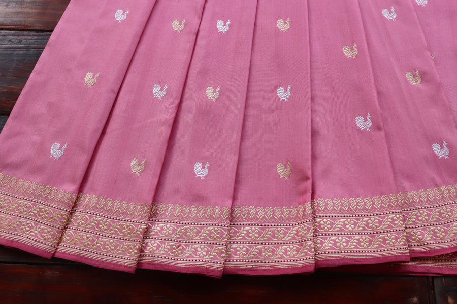 Rose Pink Peacock Motif Pure Silk Banarasi Saree | Stuti Weaves