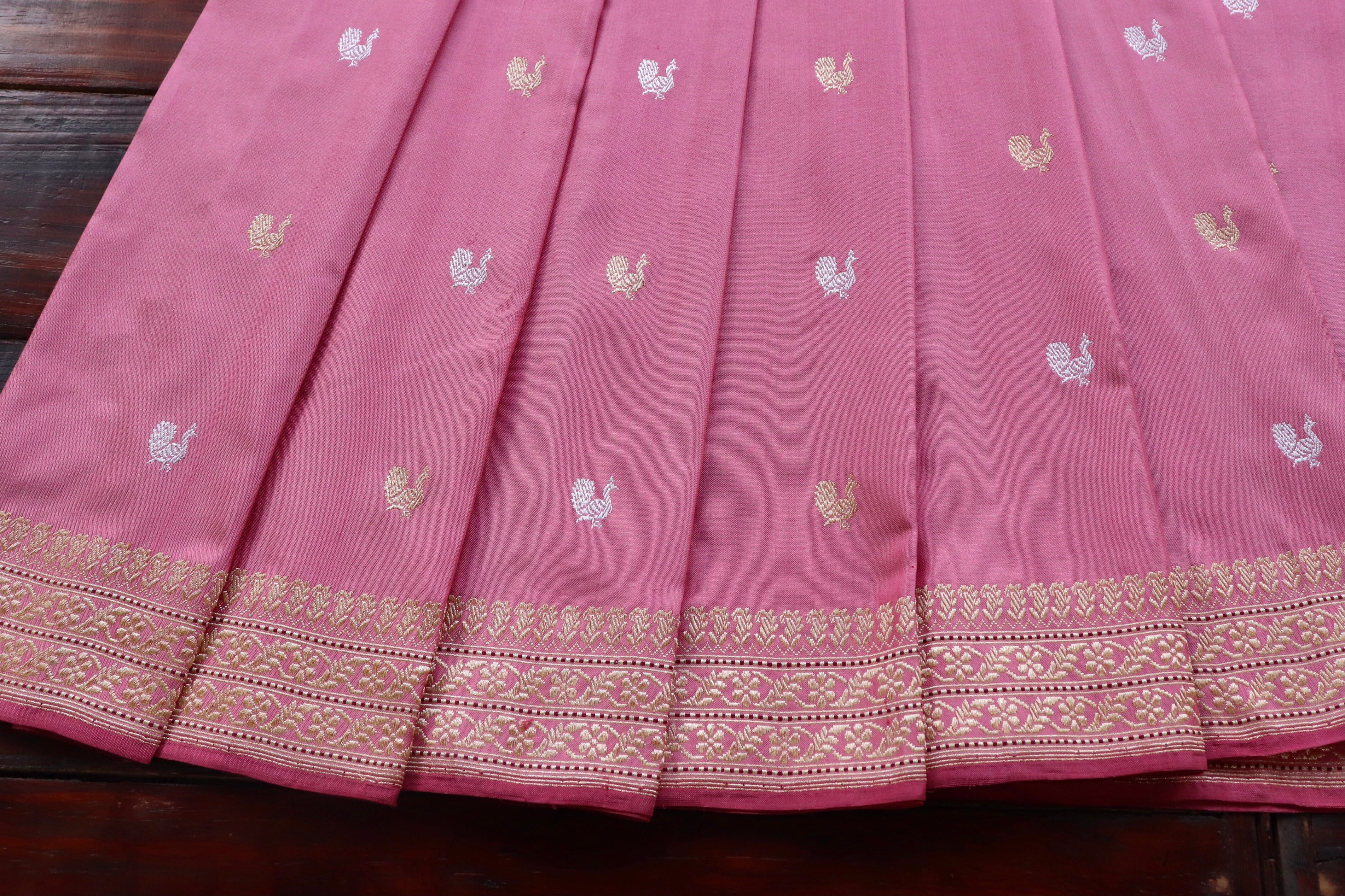 Rose Pink Peacock Motif Pure Silk Handloom Banarasi Saree