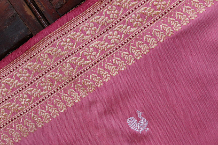 Rose Pink Peacock Motif Pure Silk Banarasi Saree | Stuti Weaves