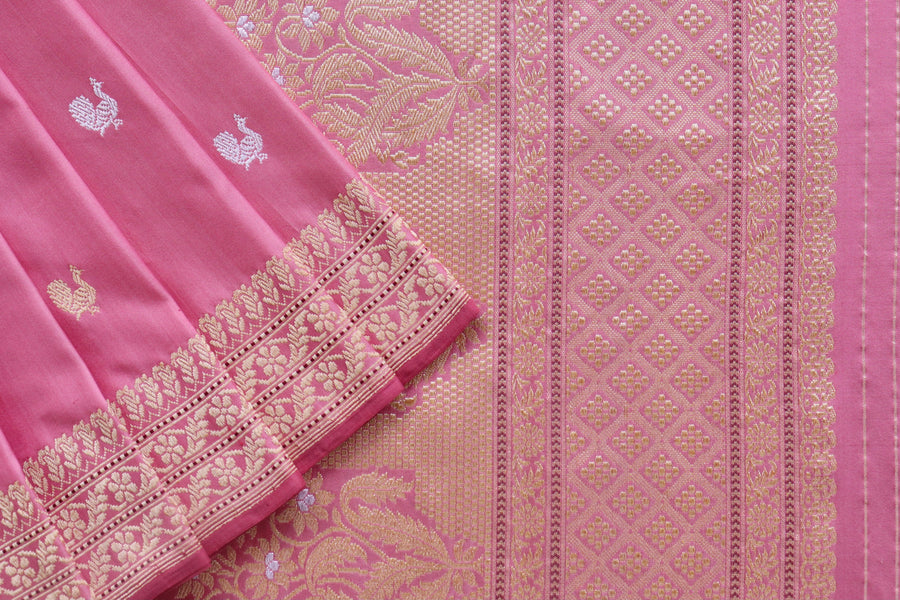 Rose Pink Peacock Motif Pure Silk Banarasi Saree | Stuti Weaves