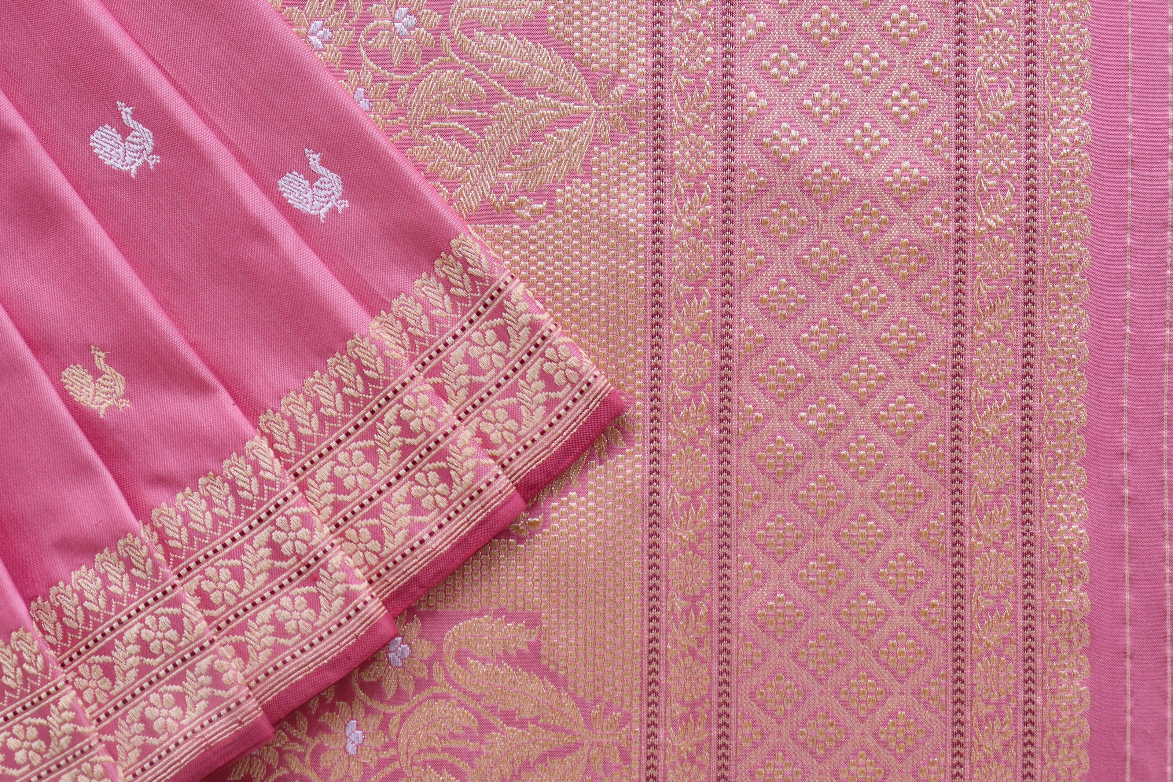 Rose Pink Peacock Motif Pure Silk Handloom Banarasi Saree