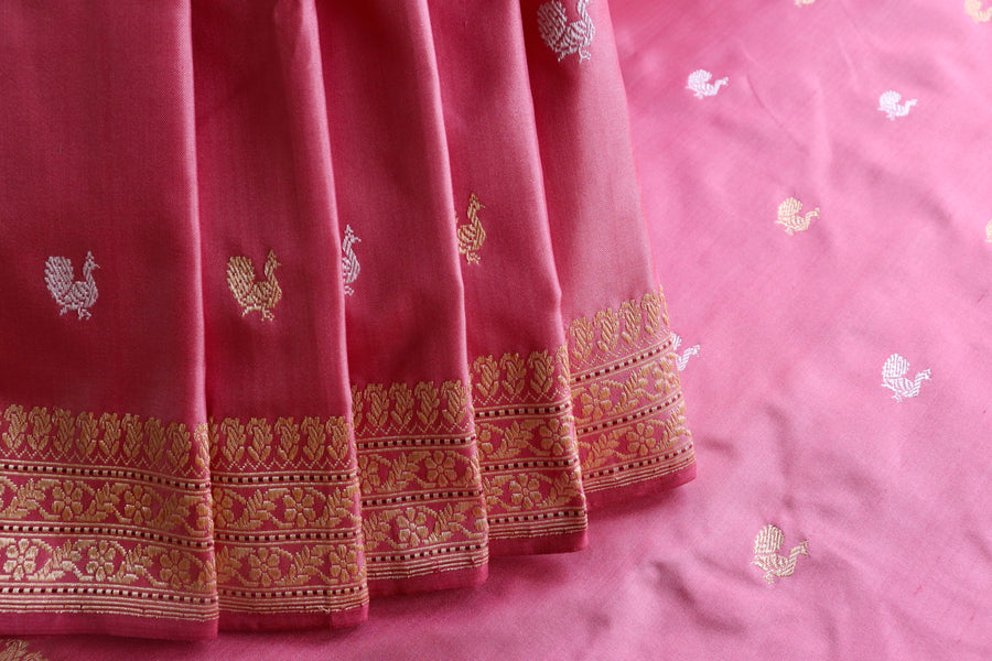Rose Pink Peacock Motif Pure Silk Banarasi Saree | Stuti Weaves