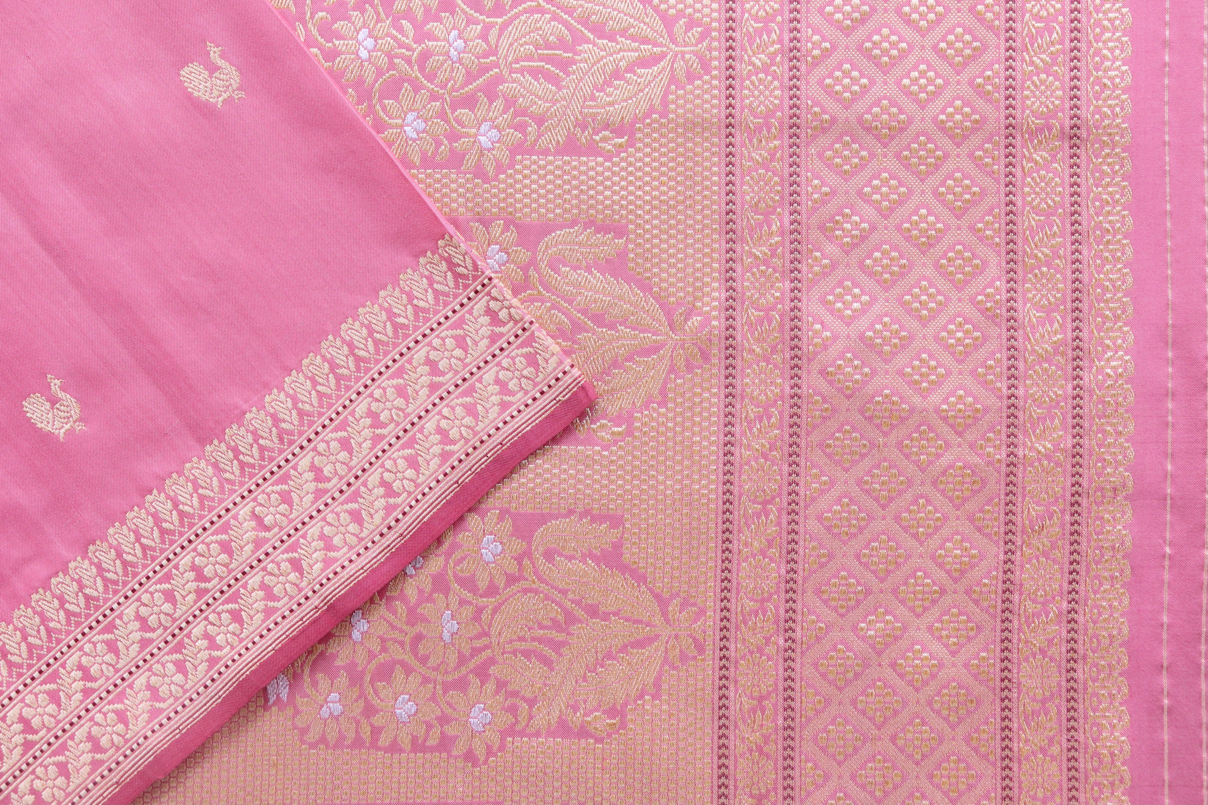Rose Pink Peacock Motif Pure Silk Handloom Banarasi Saree