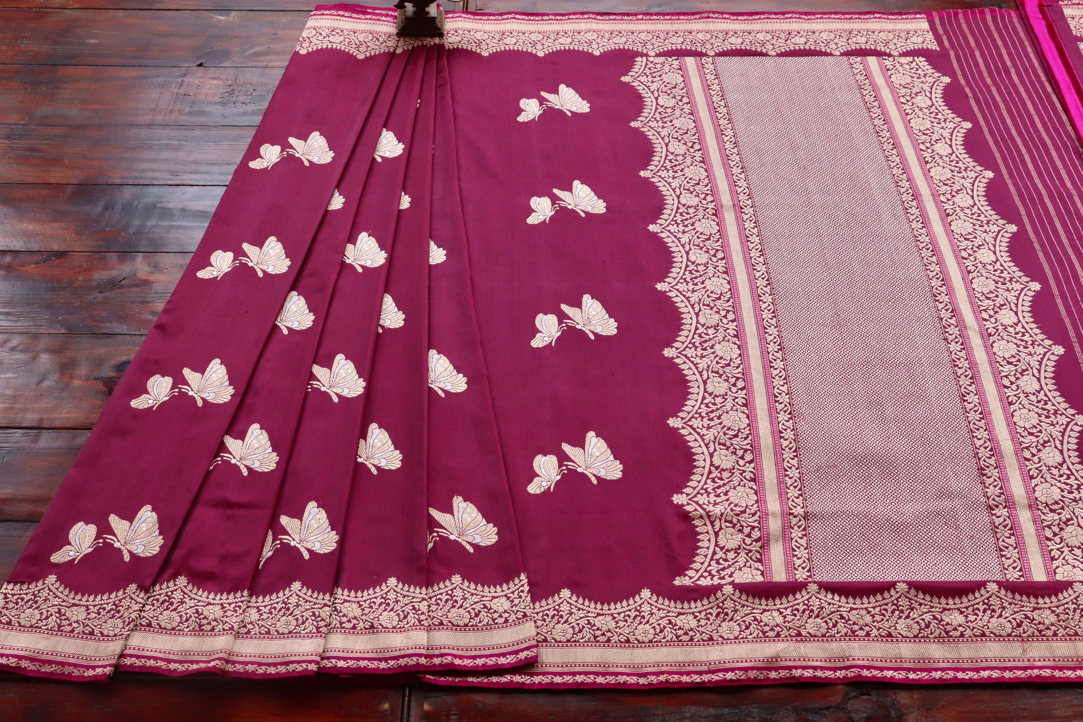 Burgundy Butterfly Motif Pure Silk Handloom Banarasi Saree