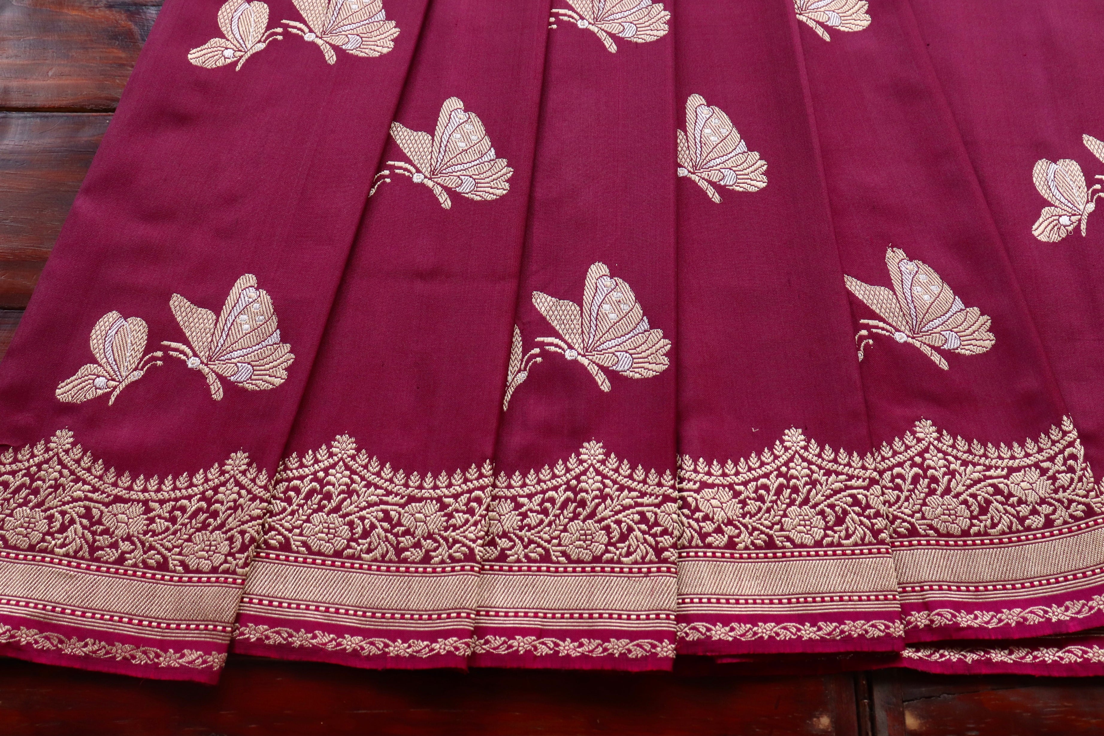 Burgundy Butterfly Motif Pure Silk Handloom Banarasi Saree