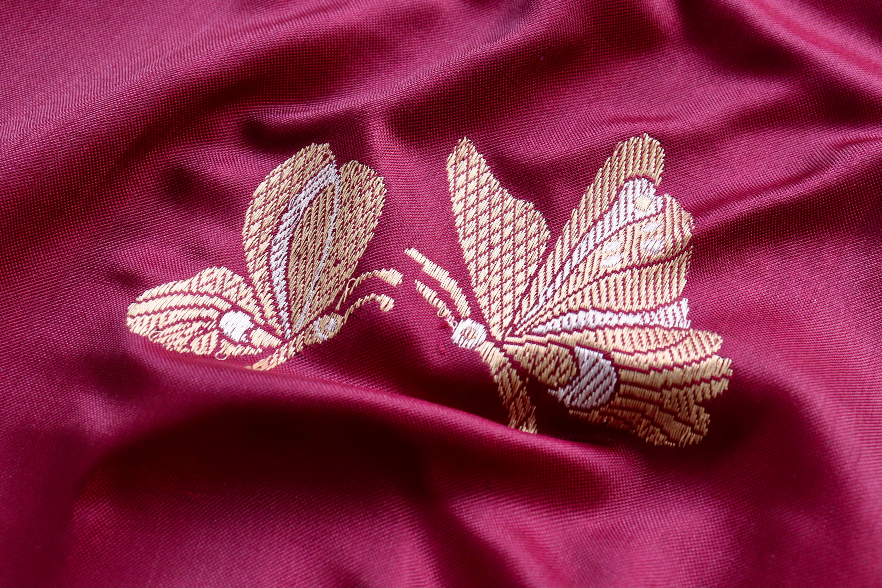 Burgundy Butterfly Motif Pure Silk Handloom Banarasi Saree