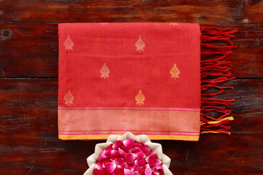 Red handloom Banarsi saree with kadhua motifs in pure cotton