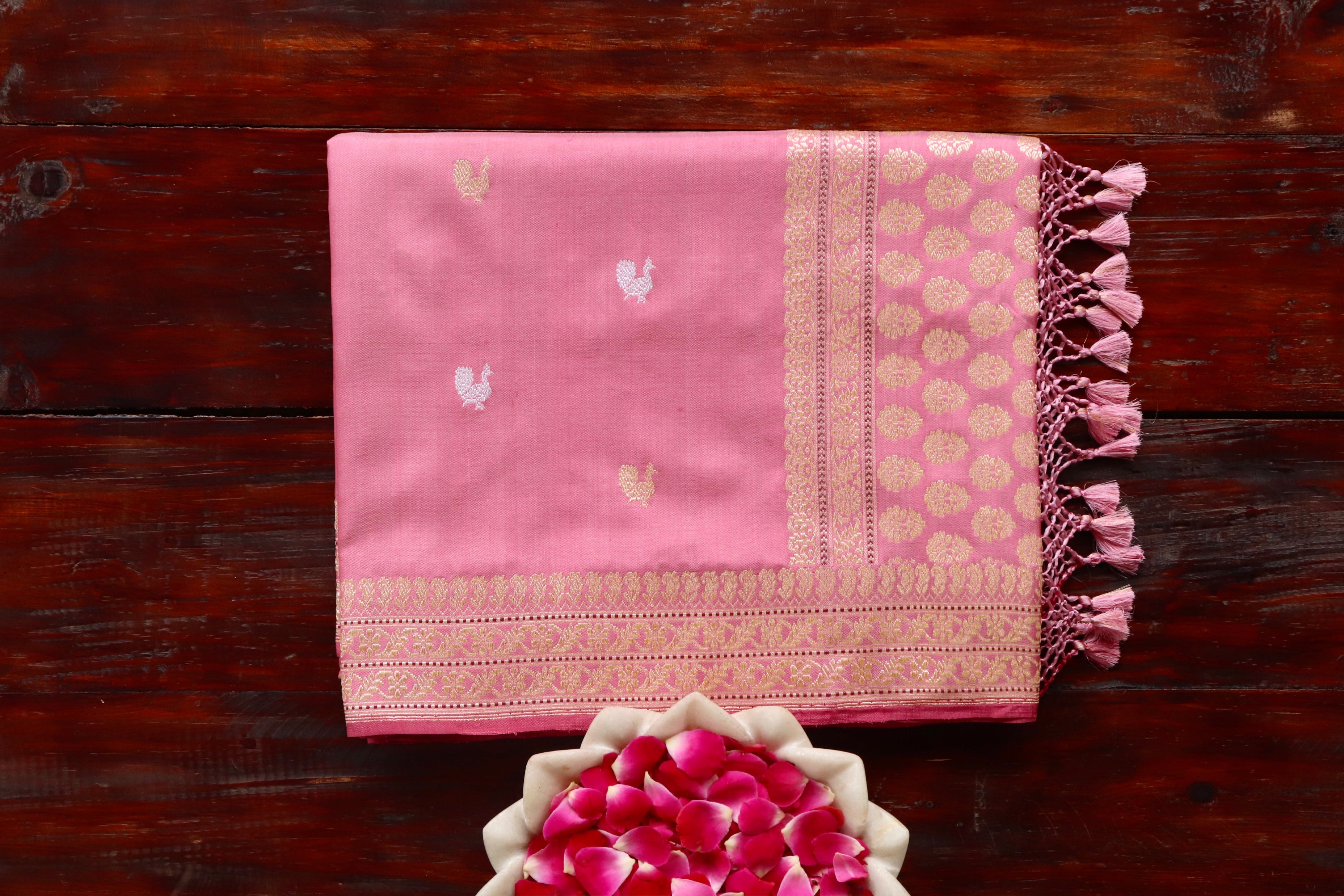 Rose Pink Peacock Motif Pure Silk Handloom Banarasi Saree