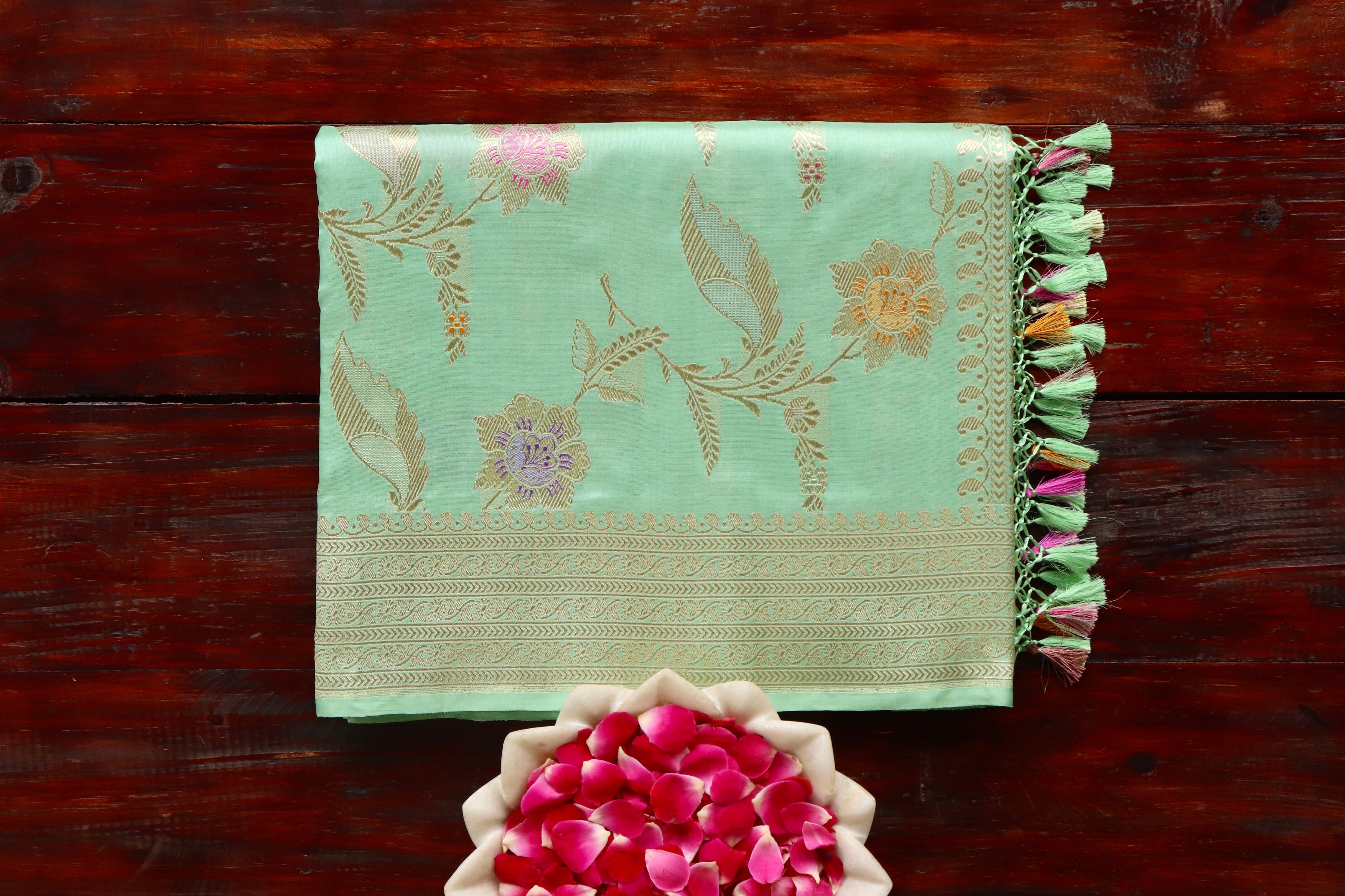 Lime Green Meenadar Pure Silk Handloom Banarasi Jangla Saree