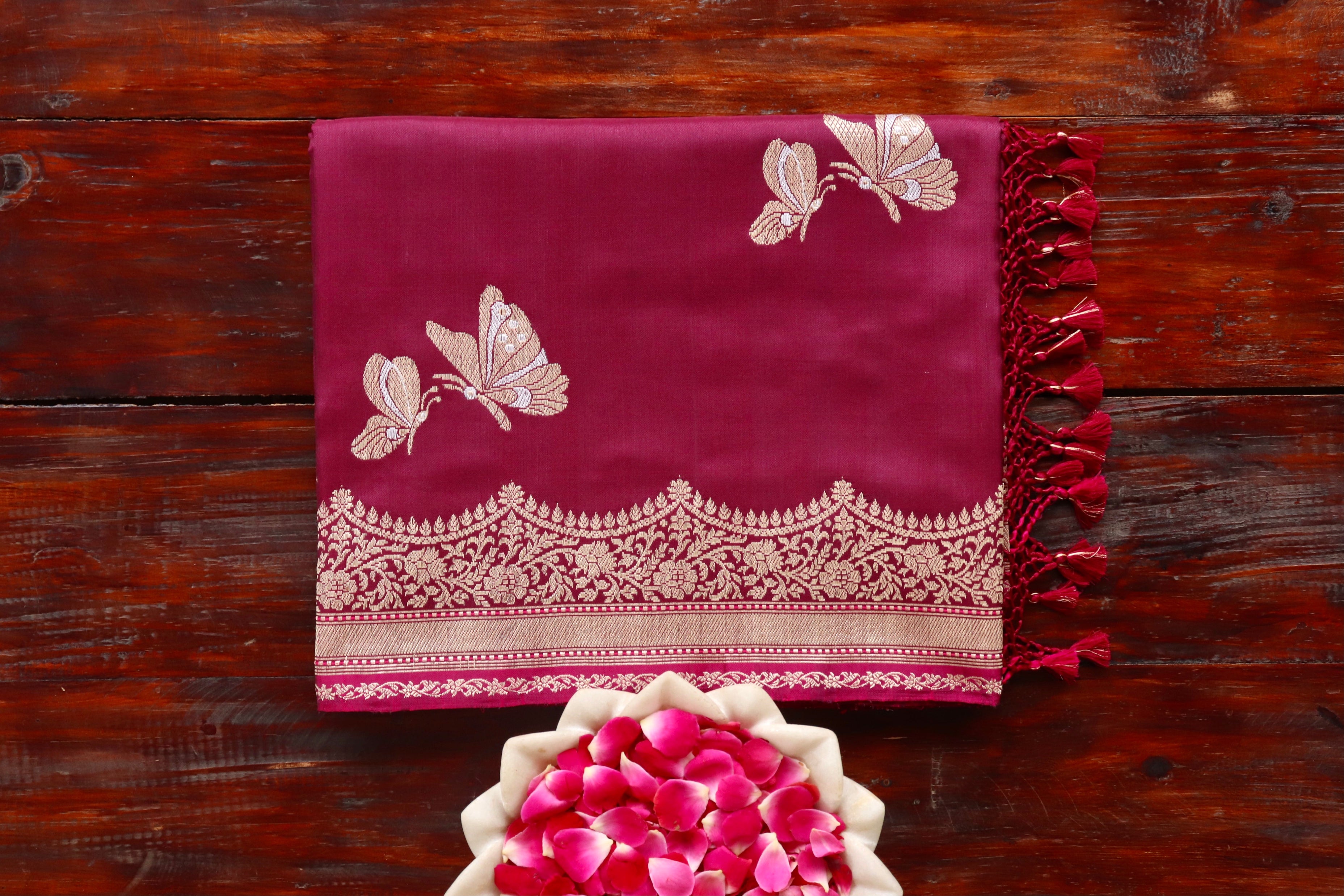 Burgundy Butterfly Motif Pure Silk Handloom Banarasi Saree
