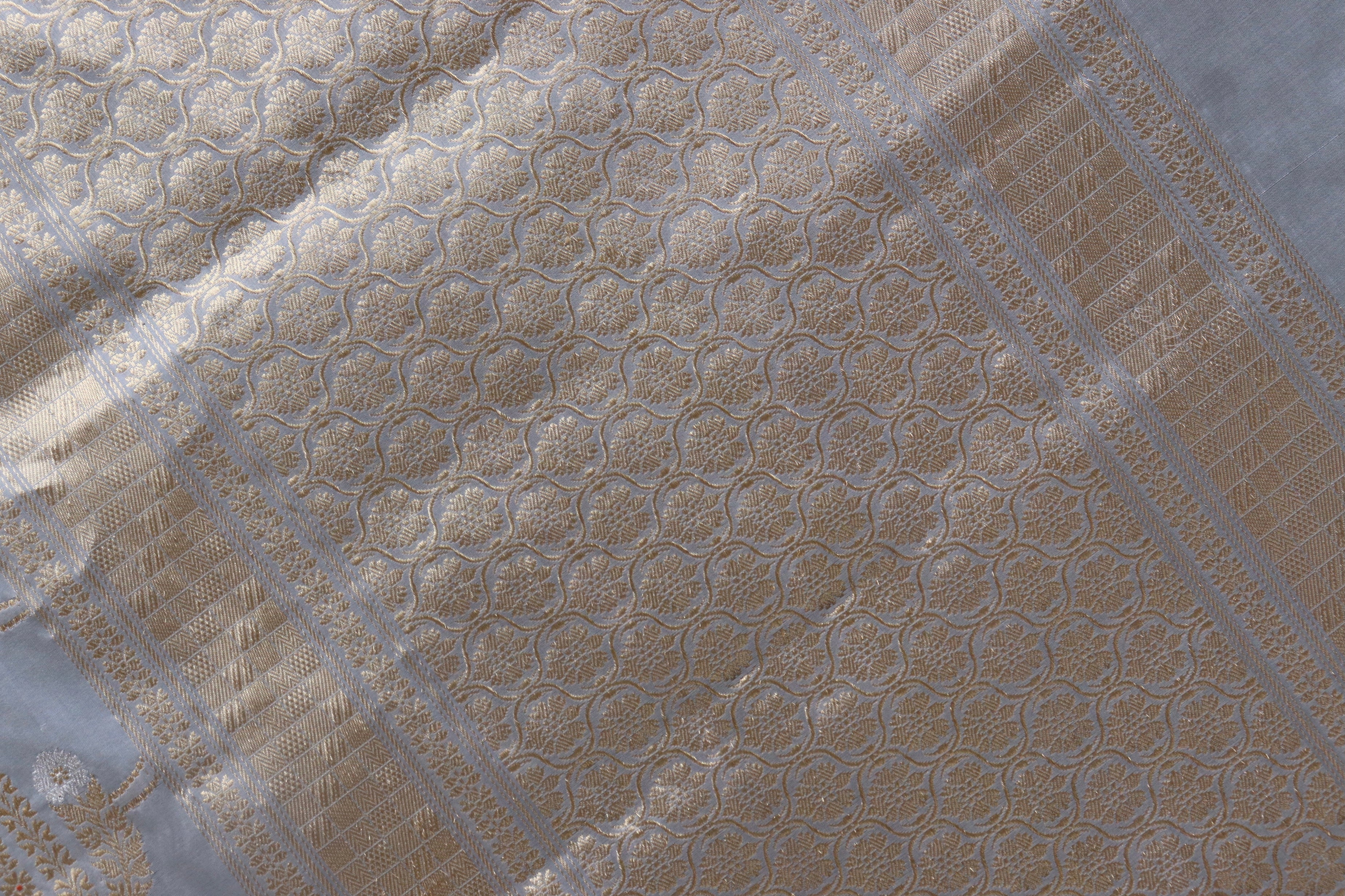 Grey Meenadar Pure Silk Handloom Banarasi Jangla Saree