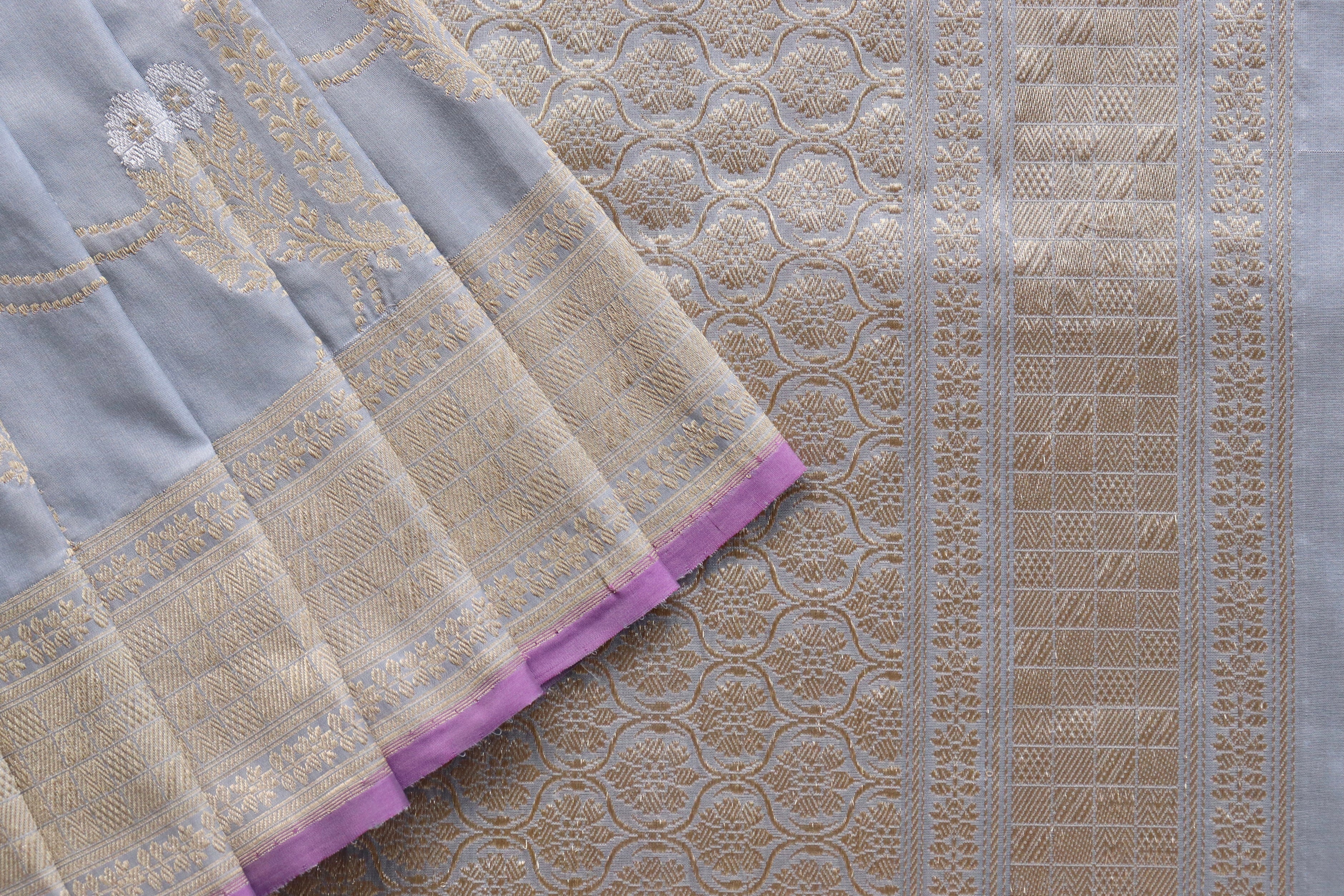 Grey Meenadar Pure Silk Handloom Banarasi Jangla Saree