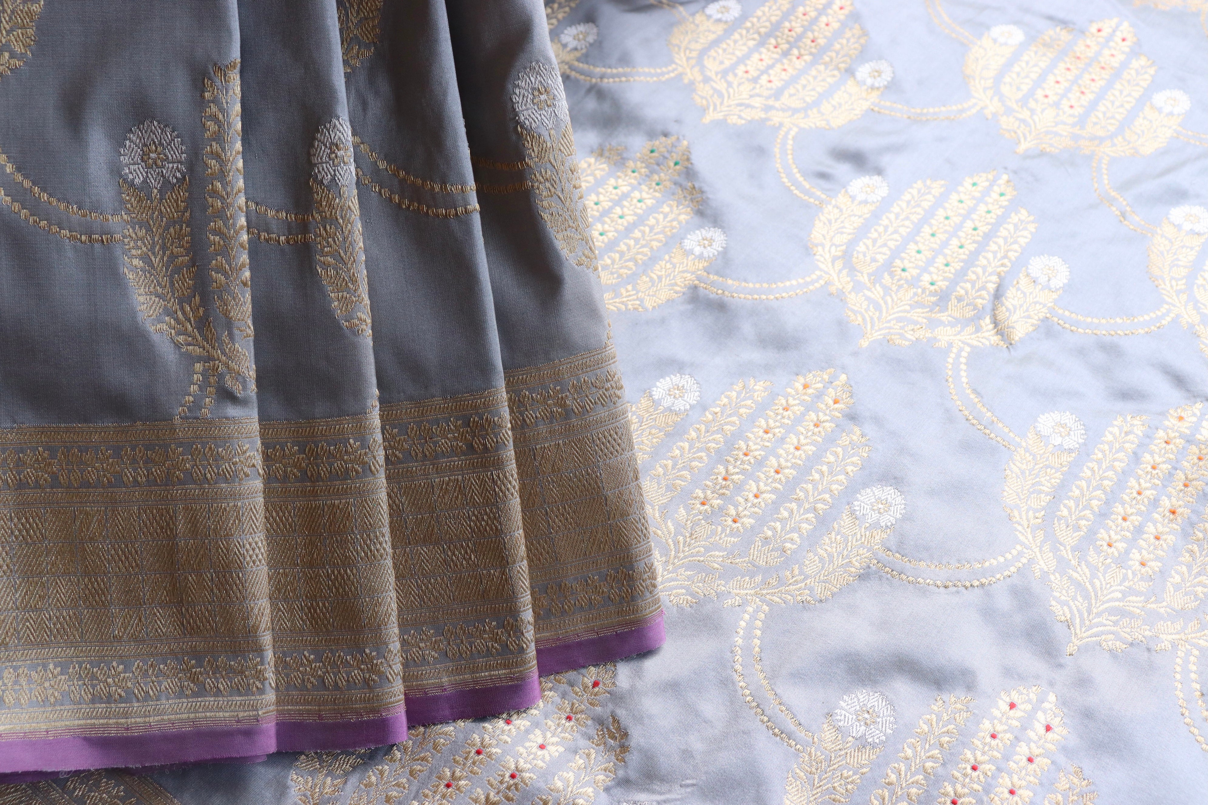 Grey Meenadar Pure Silk Handloom Banarasi Jangla Saree