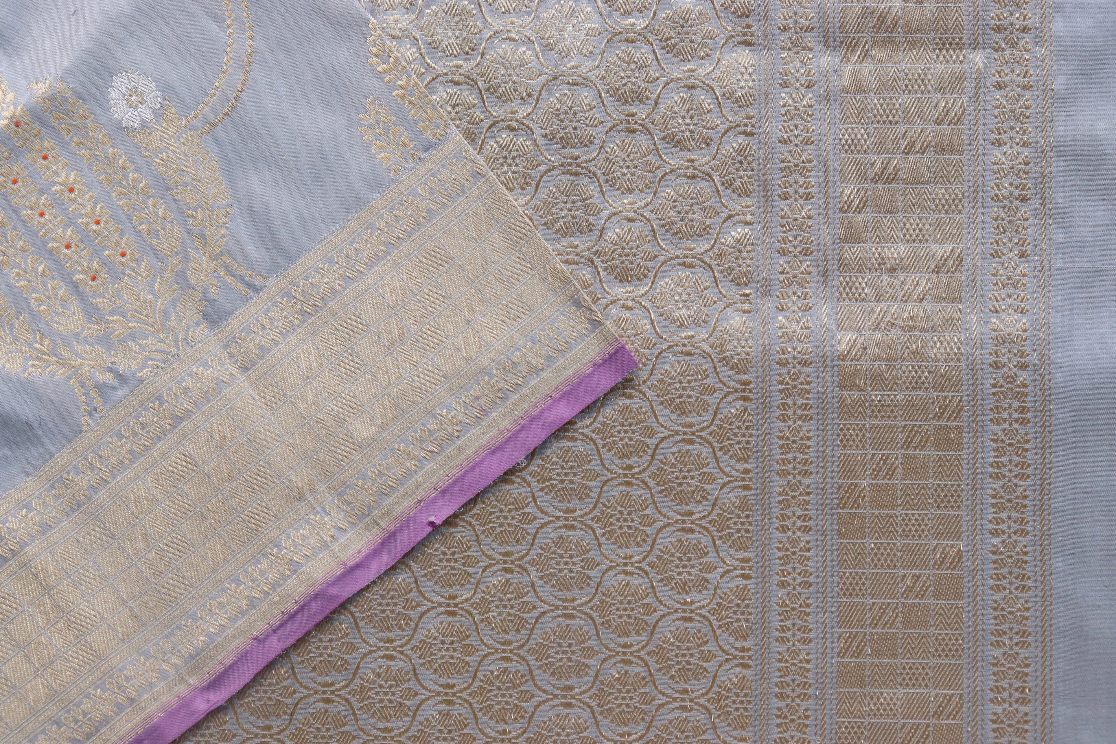 Grey Meenadar Pure Silk Handloom Banarasi Jangla Saree