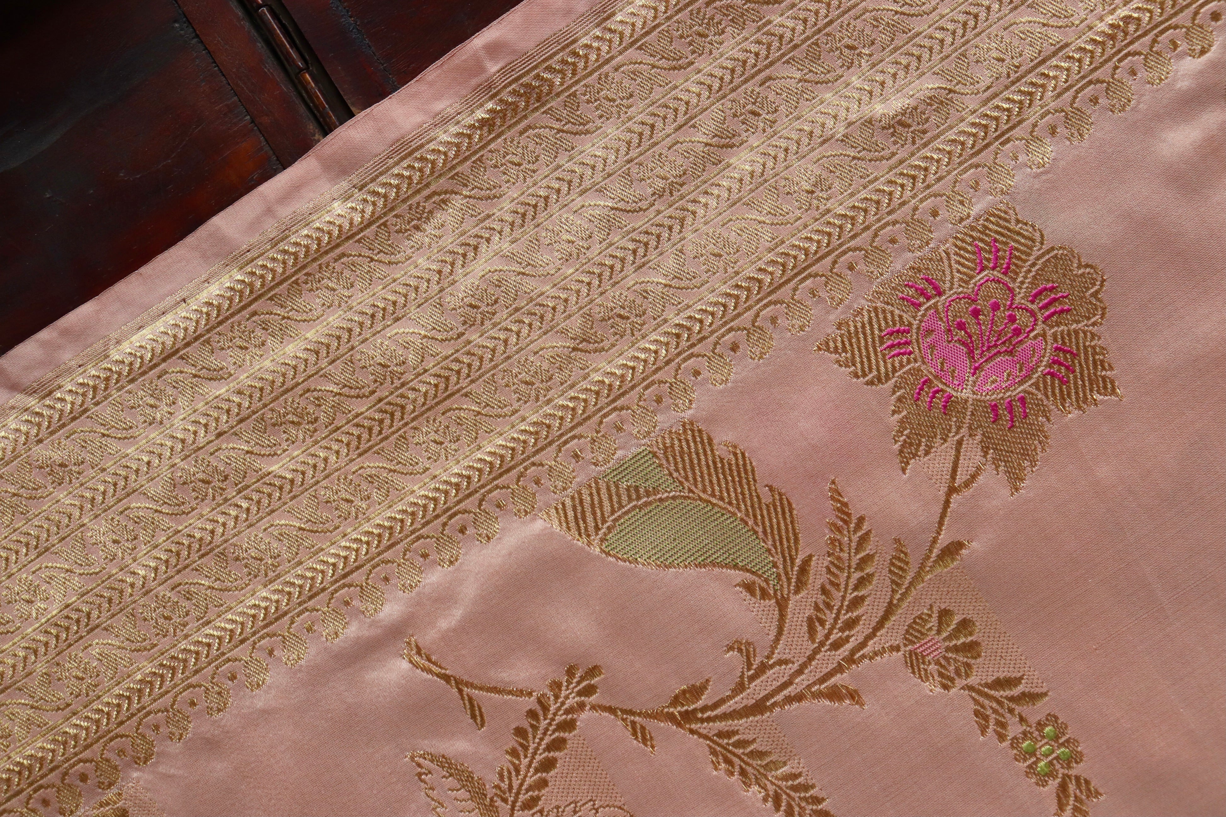 Rose Gold Meenadar Pure Silk Handloom Banarasi Jangla Saree