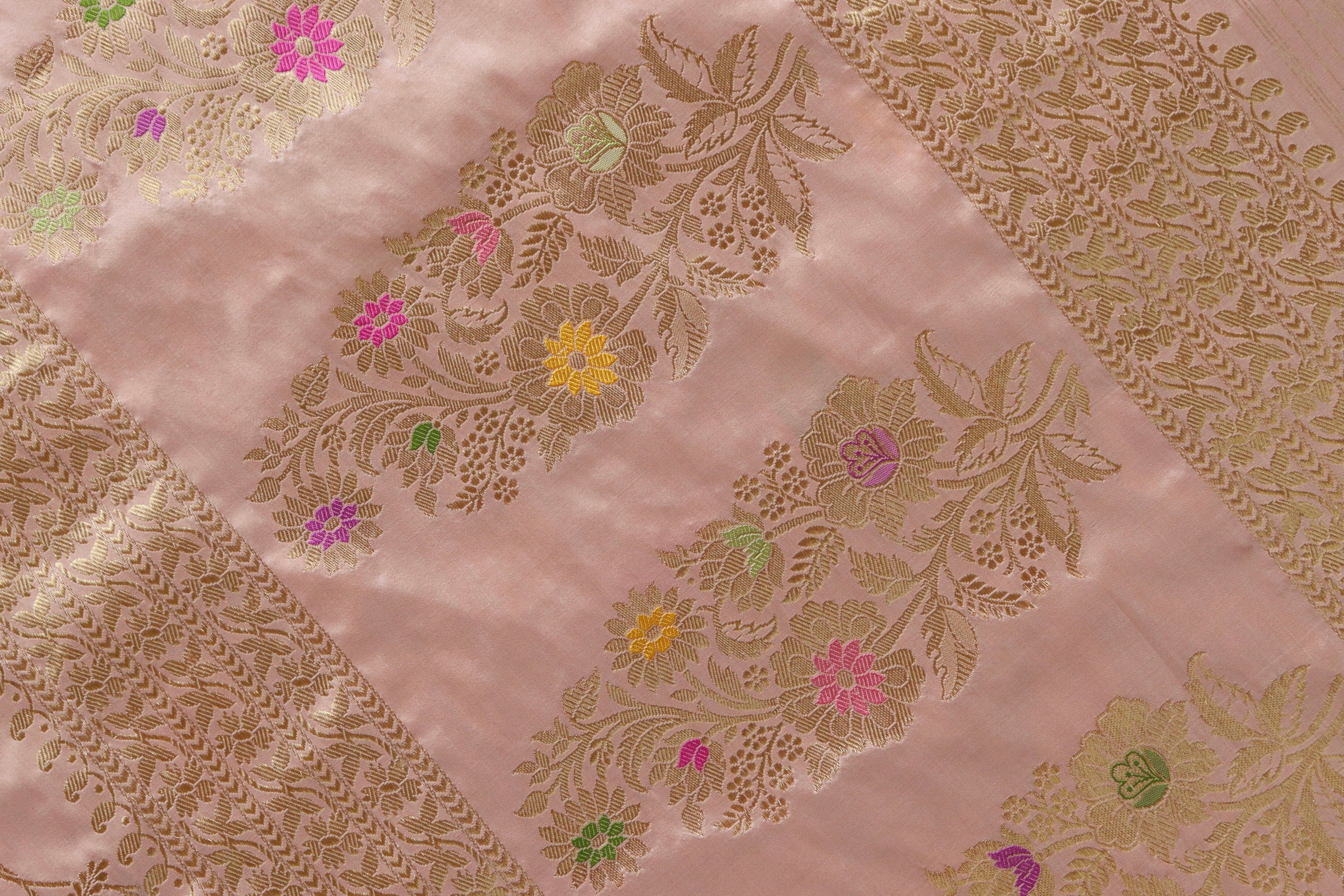 Rose Gold Meenadar Pure Silk Handloom Banarasi Jangla Saree