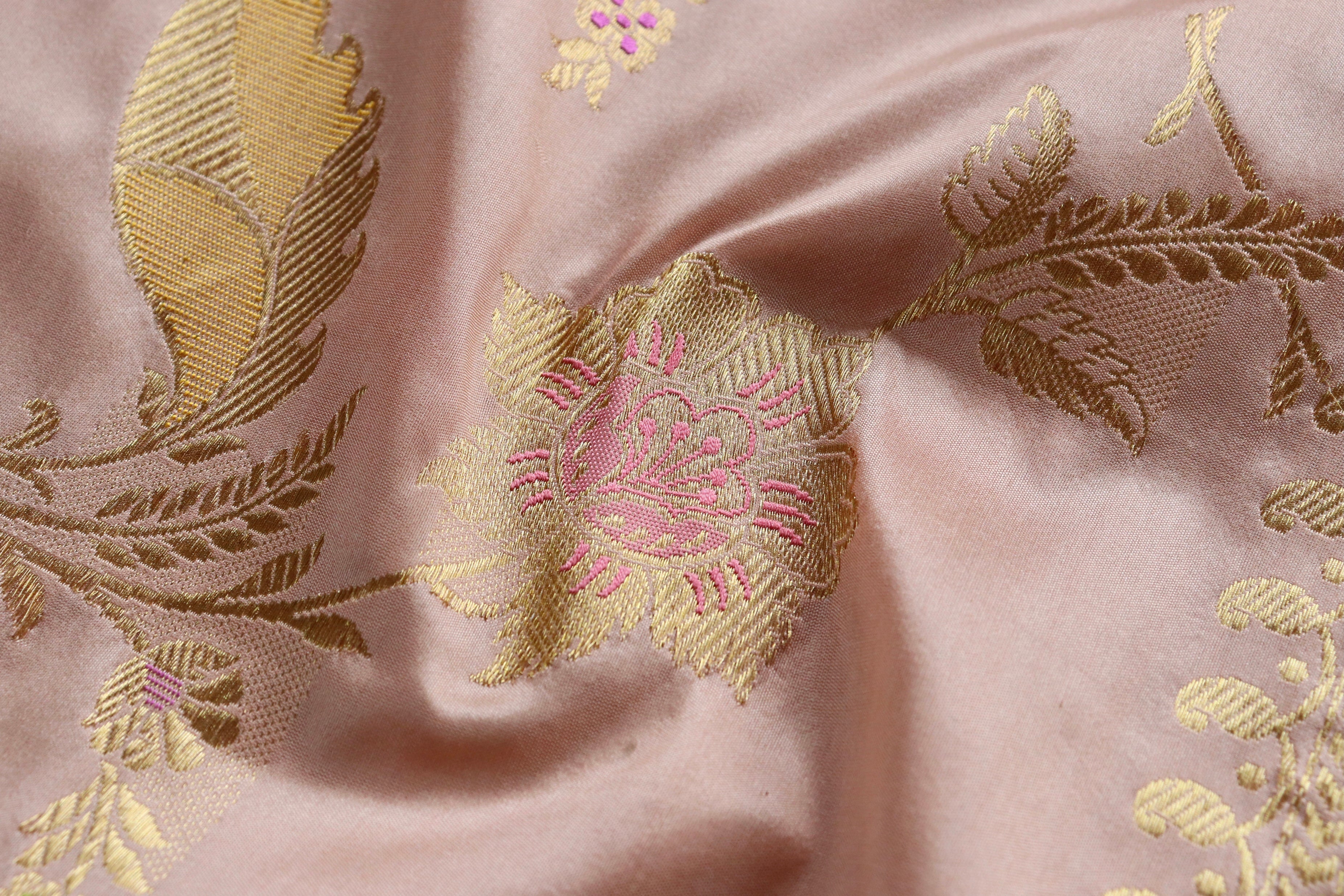 Rose Gold Meenadar Pure Silk Handloom Banarasi Jangla Saree