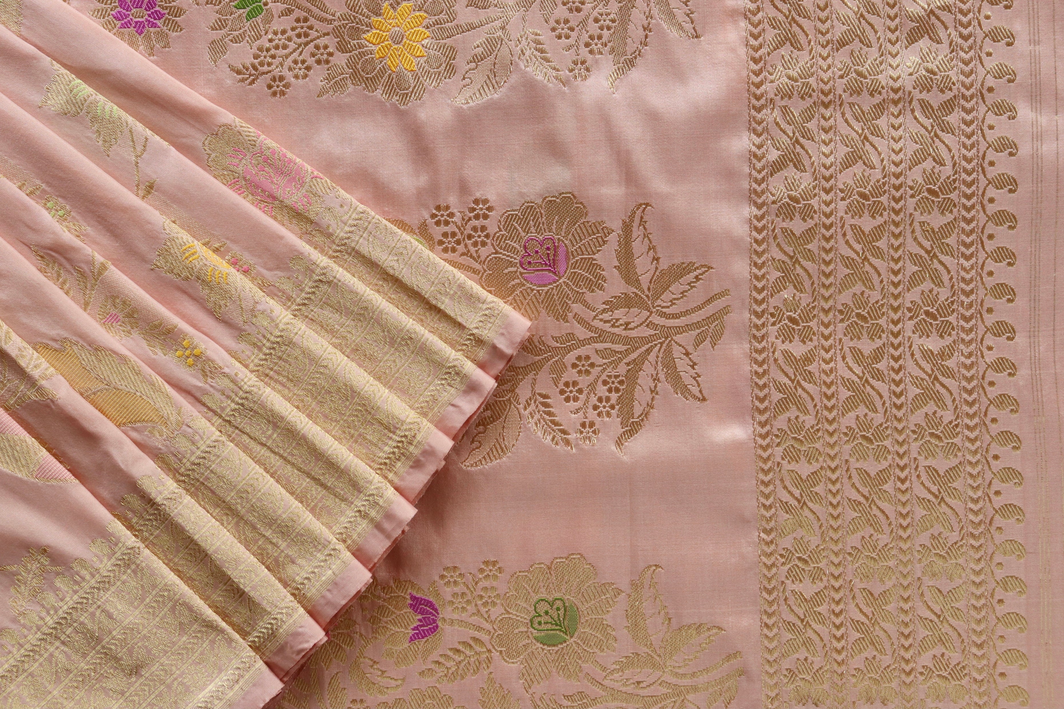 Rose Gold Meenadar Pure Silk Handloom Banarasi Jangla Saree