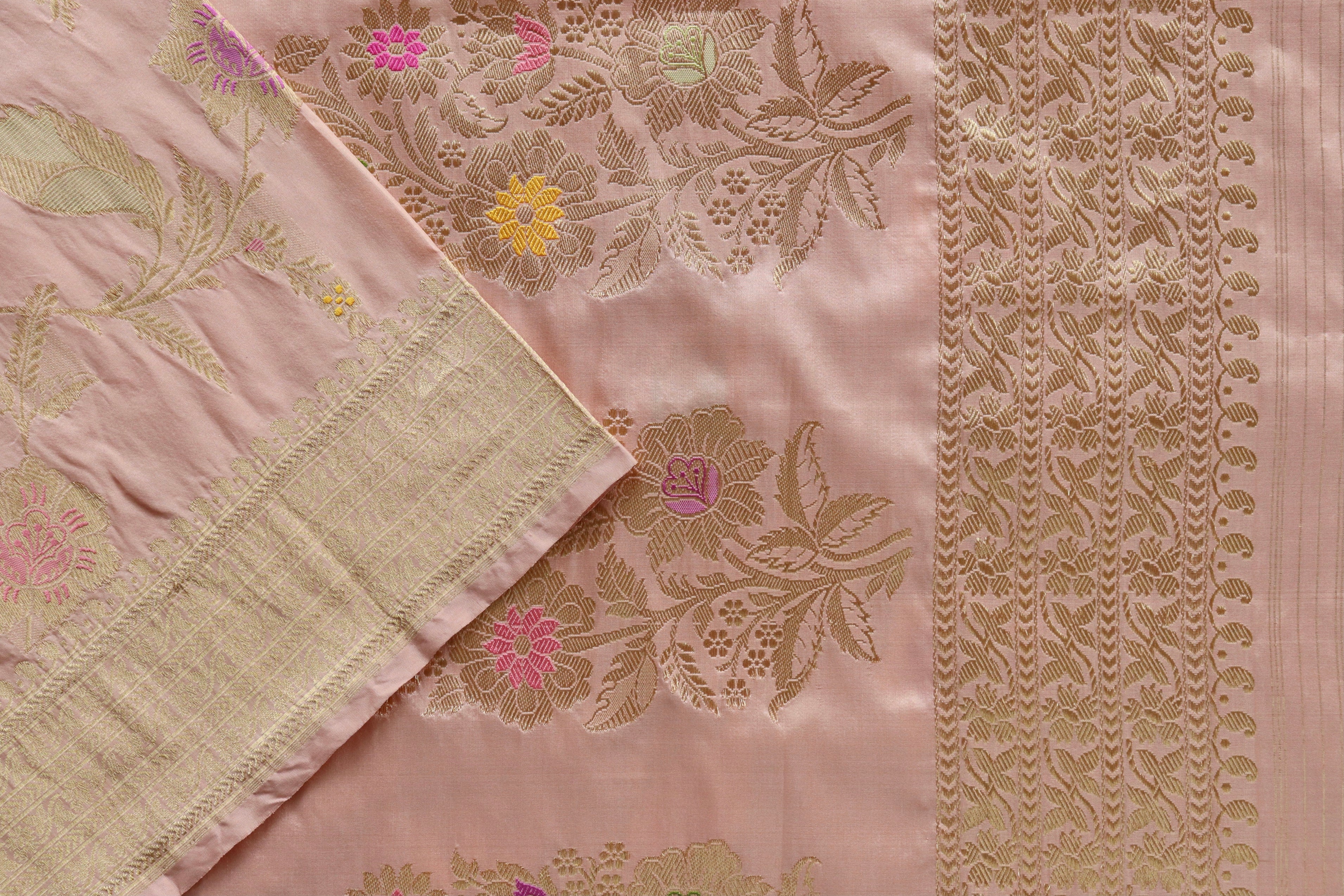 Rose Gold Meenadar Pure Silk Handloom Banarasi Jangla Saree