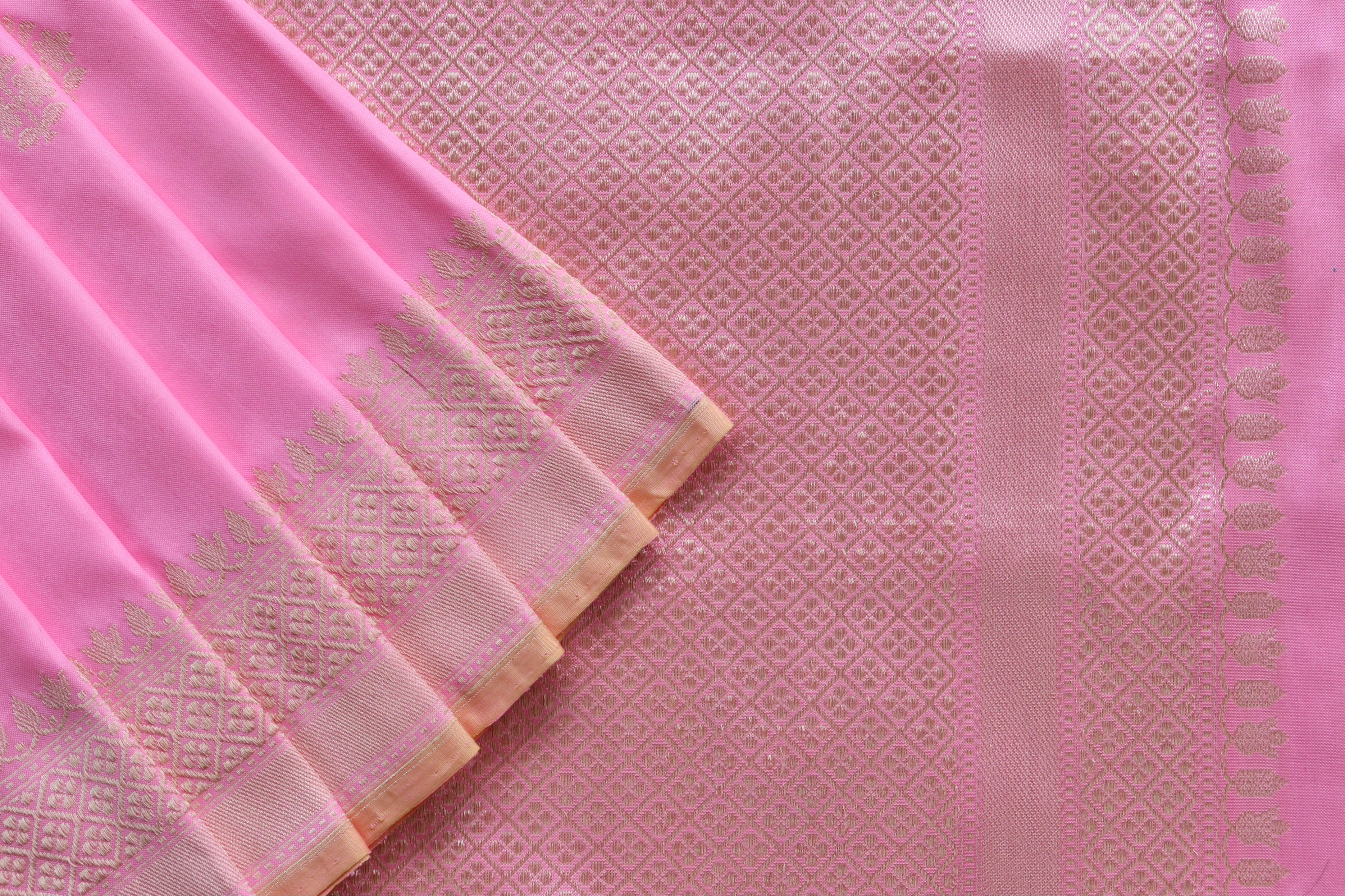 Pink Leaf Motif Handloom Banarasi Silk Saree