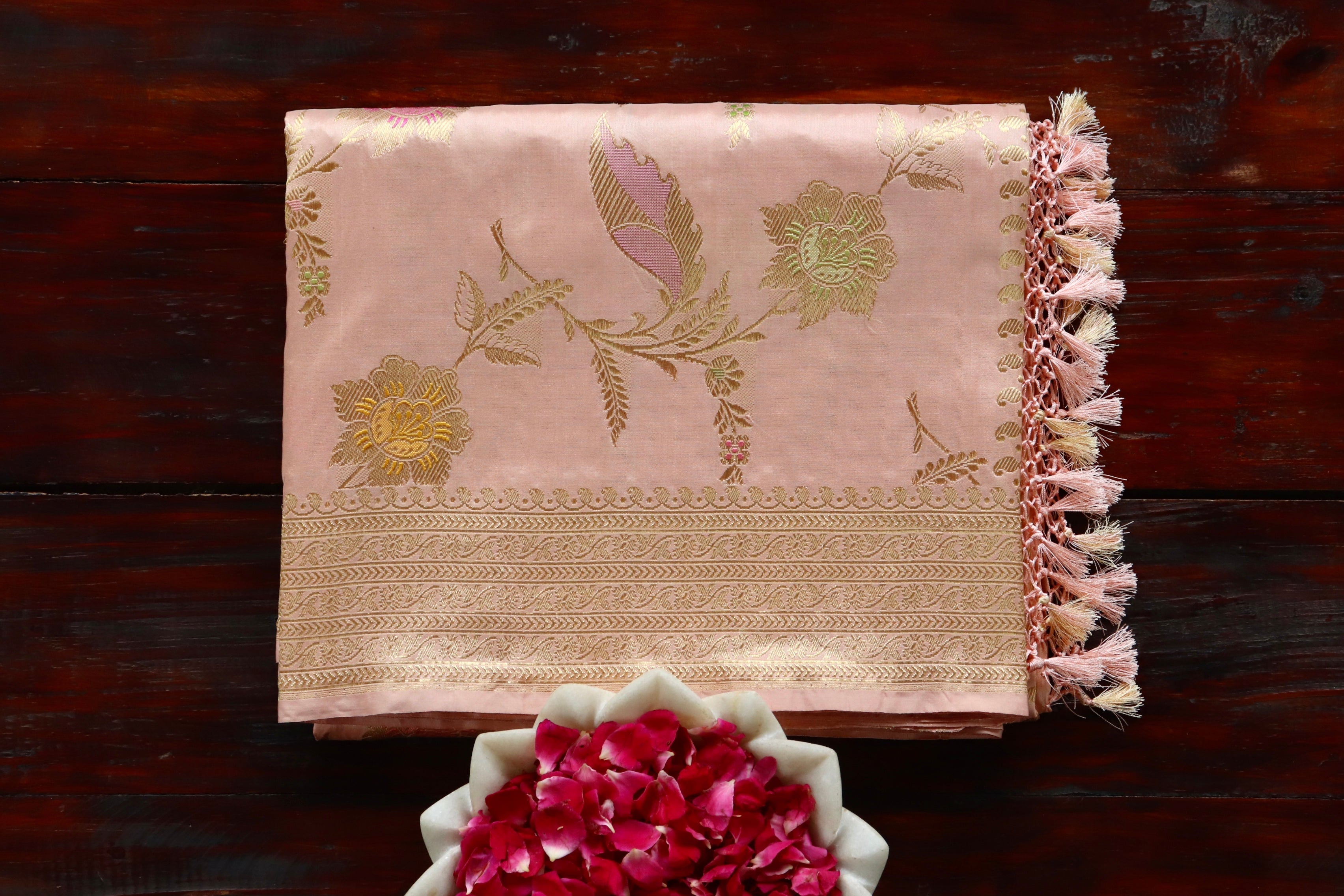 Rose Gold Meenadar Pure Silk Handloom Banarasi Jangla Saree