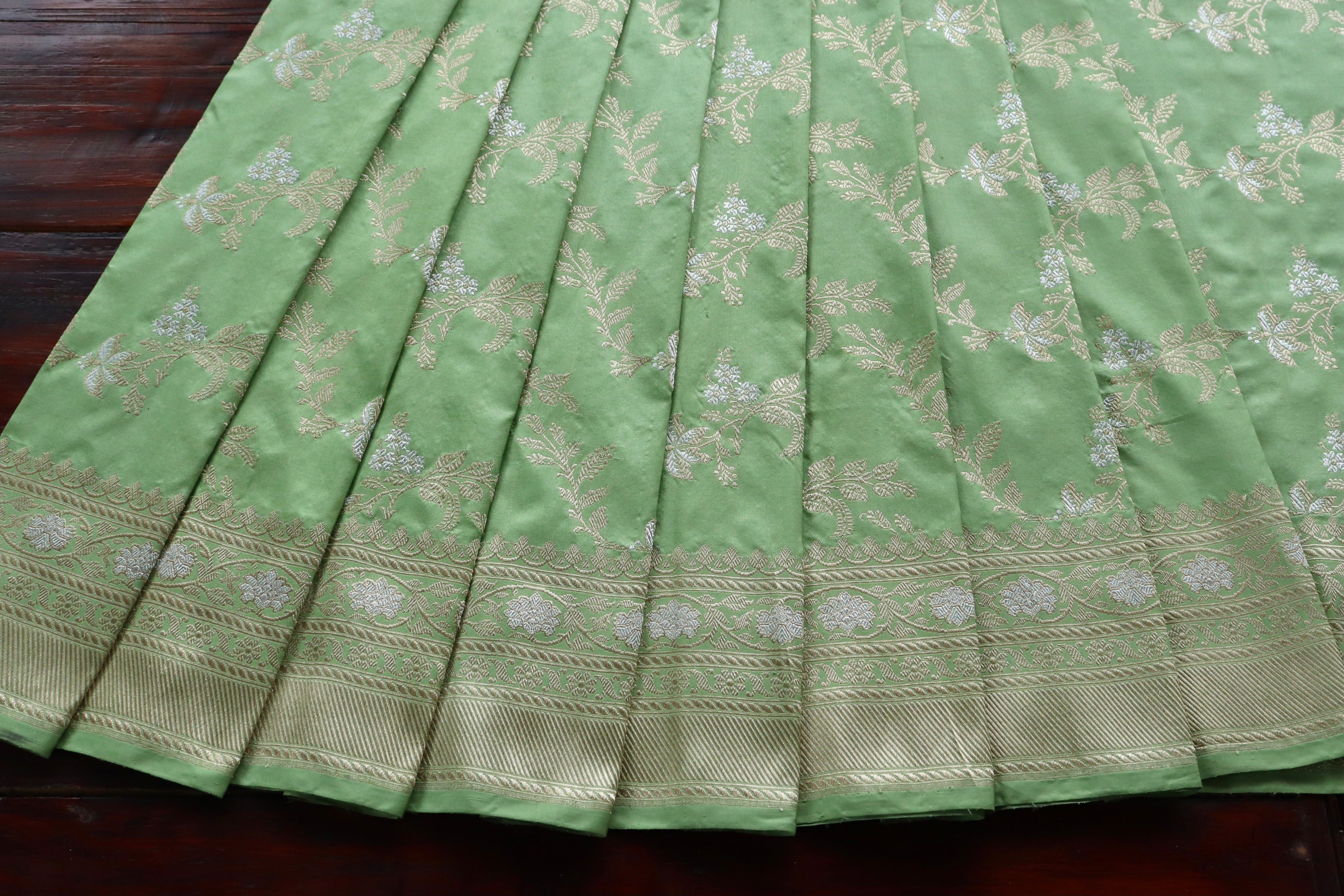 Lime Green Pink Kadhua Phool Jangla Katan Silk Saree