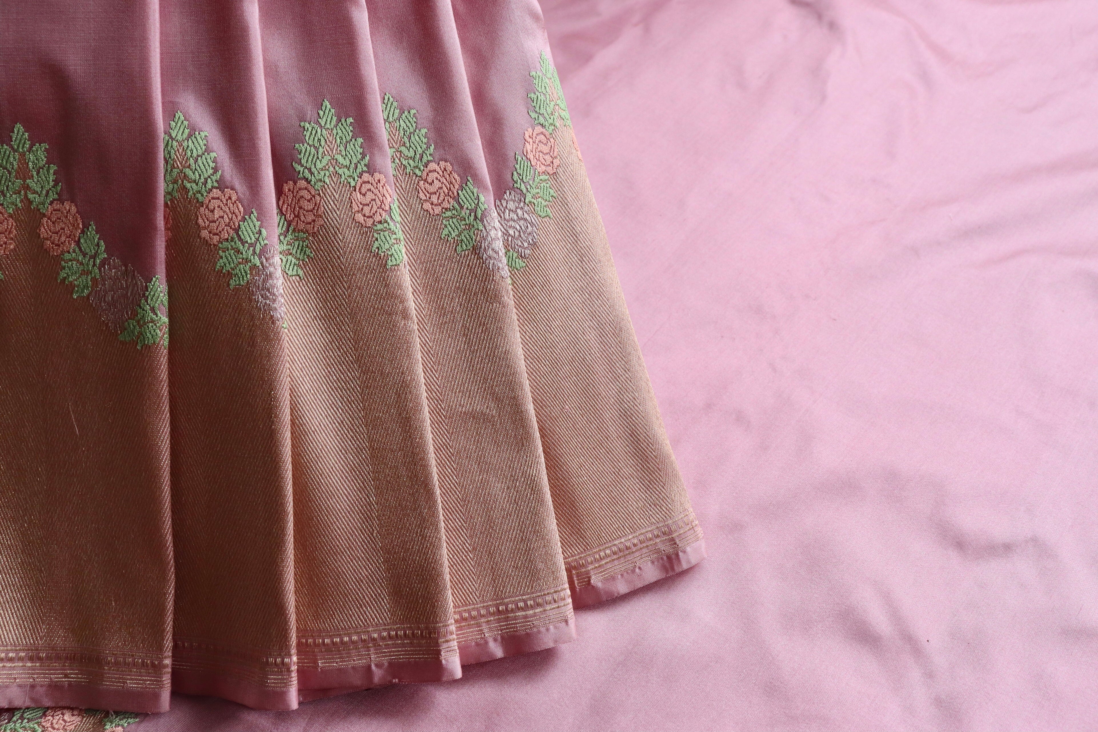 Pink Floral Border Pure Silk Handloom Banarasi Saree