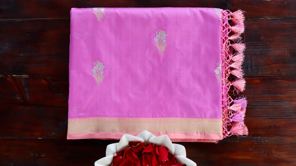 Pink handloom Banarsi saree with nargis motifs in pure silk