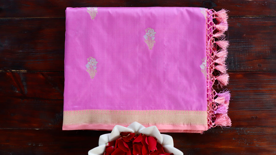 Pink handloom Banarsi saree with nargis motifs in pure silk