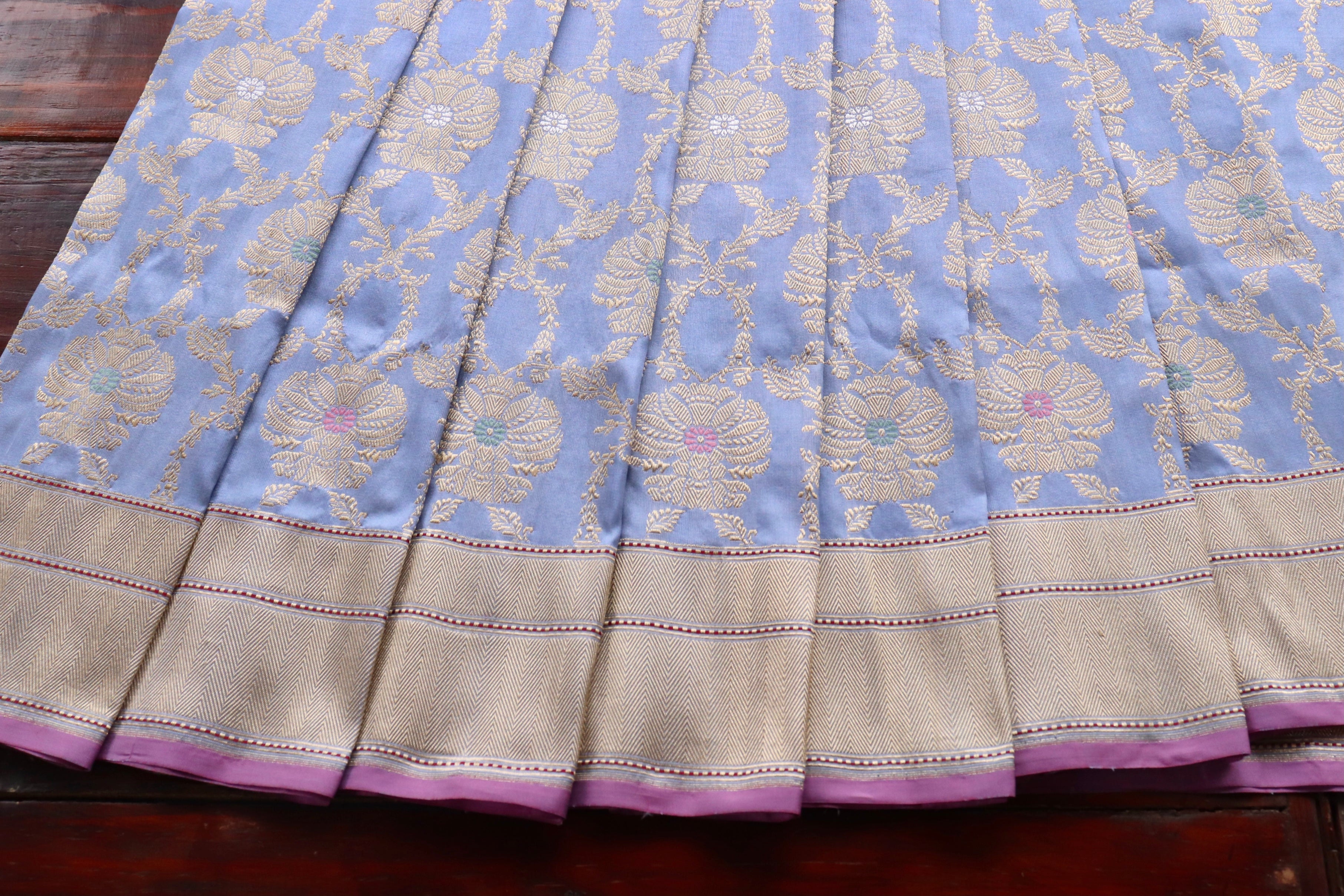 Powder Blue Chinar Jangla Pure Silk Handloom Banarasi Saree