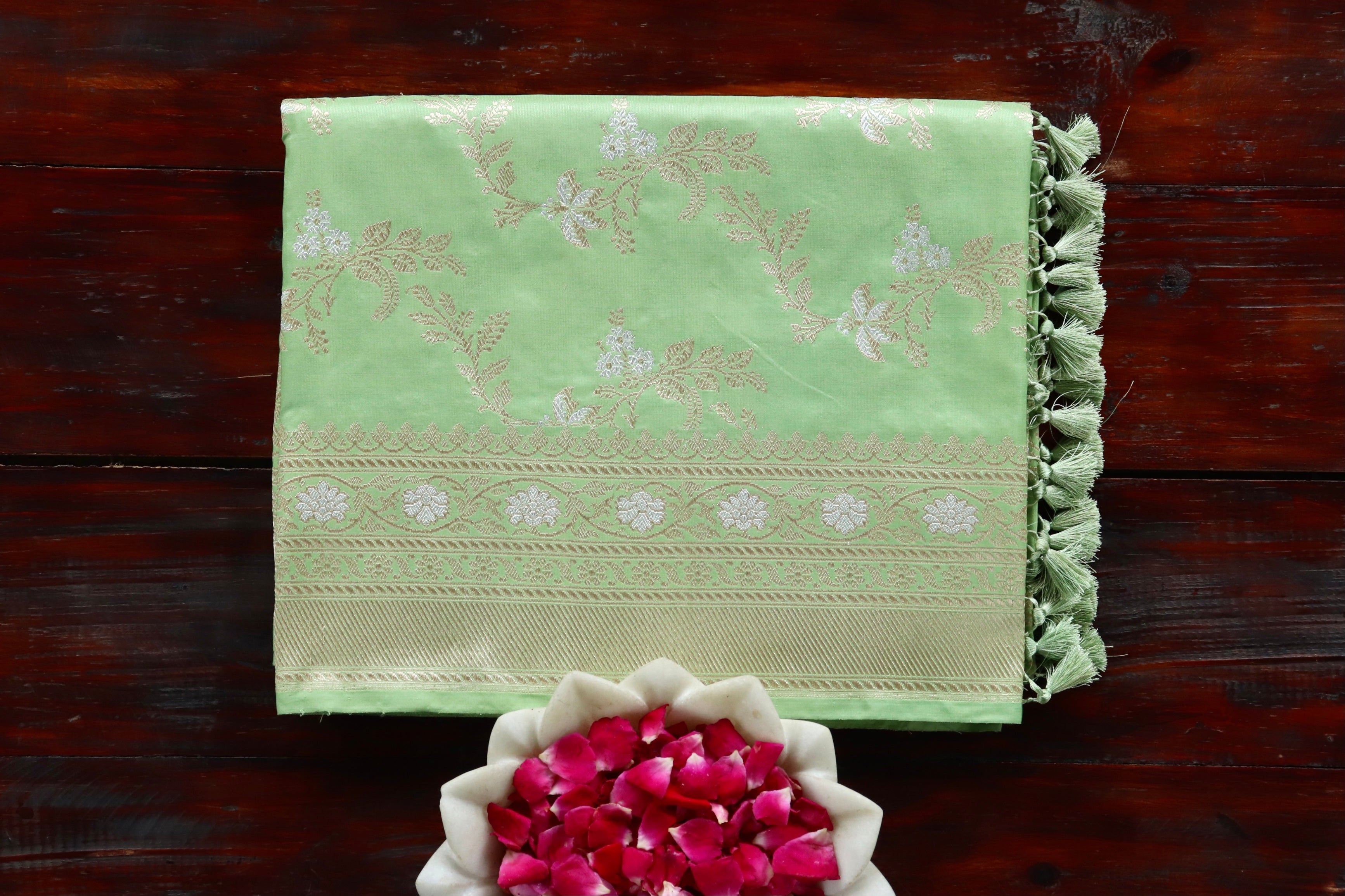 Lime Green Pink Kadhua Phool Jangla Katan Silk Saree