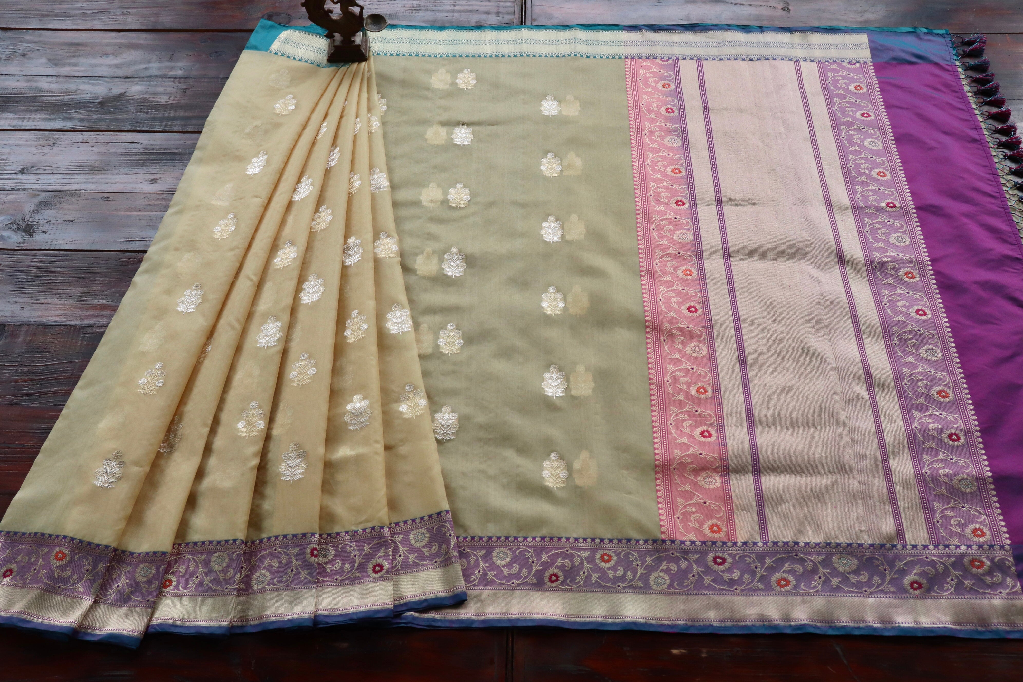 Beige & Purple Sona Rupa Motif Pure Silk Handloom Banarasi Saree